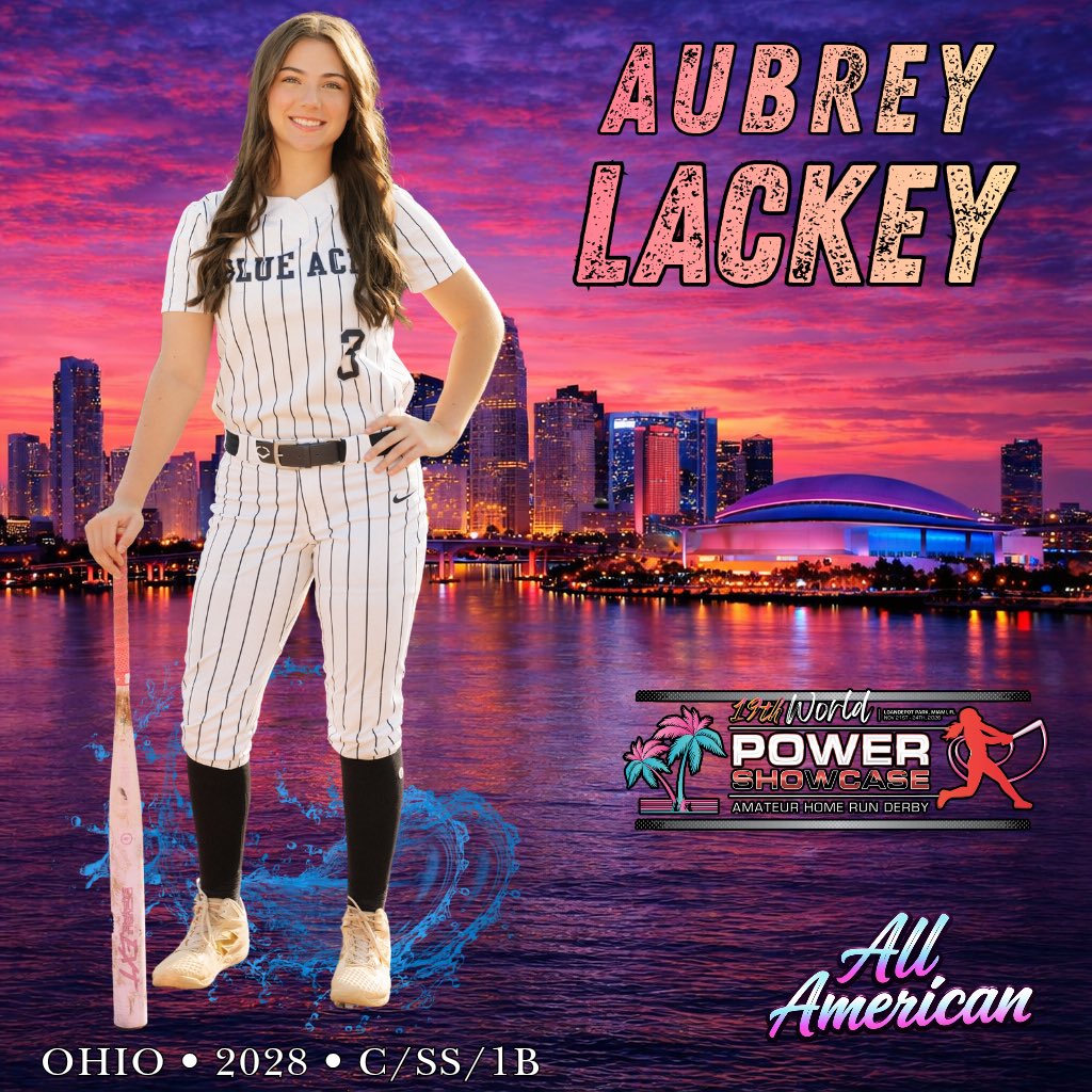 PowerShowcase's tweet photo. The POWER SHOWCASE World Classic is pleased to announce that Student-Athlete, ‘28 Aubrey Lackey - Top National Power-Hitting Prospect, led her entire state (‘28 class) and set schools new home run record with 18, as well as hitting four in one game, (C/SS/1B -  Granville H.S., Granville, OH) will proudly represent Ohio during the renowned Home Run Derby and prestigious All-American Classic Game. The event is being held at beautiful loanDepot Park, home to the Miami Marlins, on November 22nd through the 23rd. Congratulations, Aubrey ~ You are a POWER SHOWCASE All-American. Stay tuned to see who’s next! #powershowcase #bombsaway #miamimoonshots #southbeachsluggers⚾️ ⚾️
