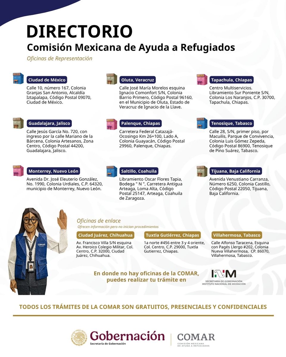 comar_sg's tweet photo. Consulta las oficinas y enlaces de la COMAR en distintas entidades del país. 

Si en el Estado en donde te encuentras no hay una oficina de la #COMAR, puedes acudir a las oficinas del @MigracionHND  para realizar tu trámite. 

https://t.co/dt35I5s1At https://t.co/vij0DYGX6u