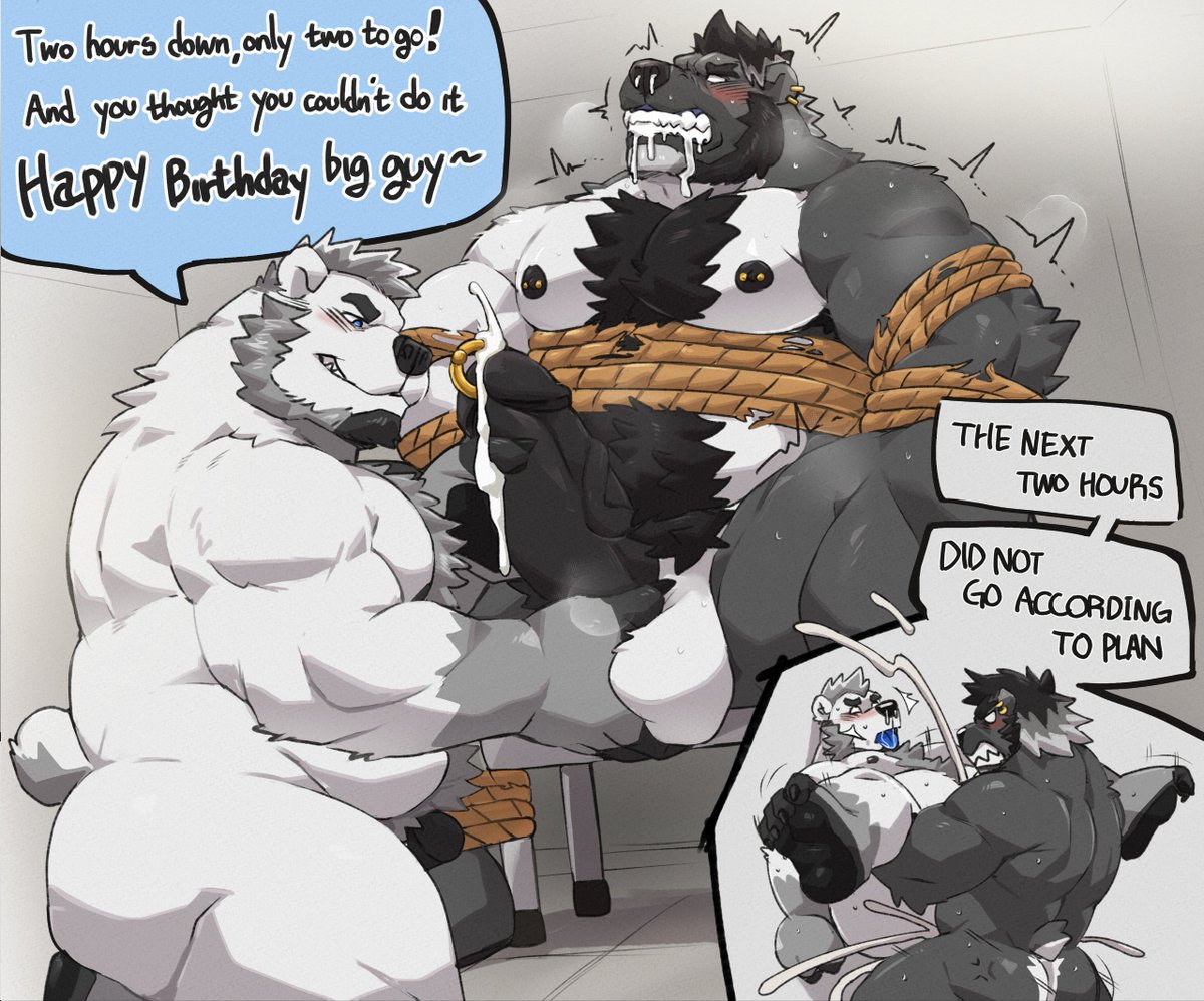 LateNightPudge's tweet photo. Pander said he needed help learning how to edge for long sessions. So I thought I'd lend him my expertise for his birthday~

Good thing these ropes are bear-proof!

Cute birthday commission from @jumperbear_. Go tell @LostPander Happy Birthday!! https://t.co/L62p6C1z6v