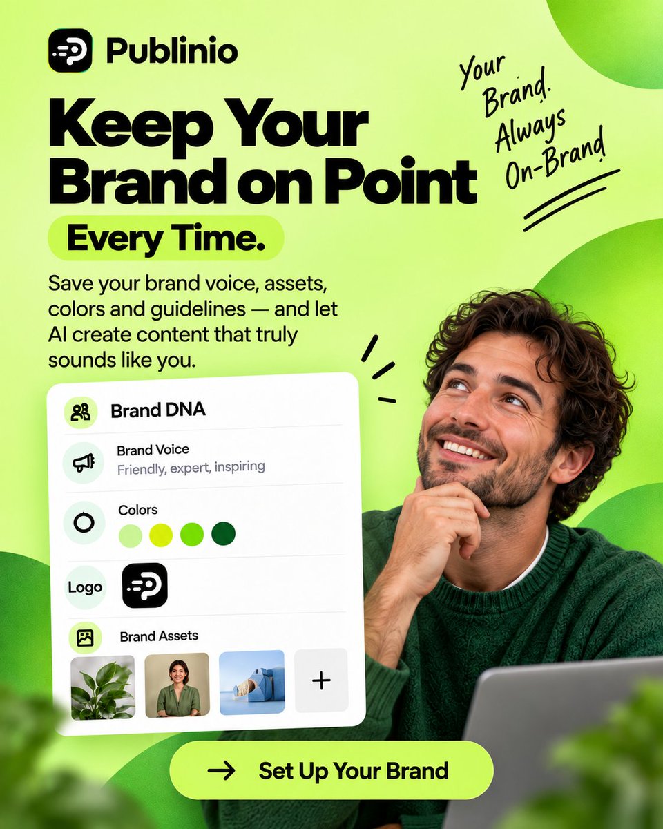 PublinioApp's tweet photo. Your AI shouldn’t need a brand introduction every single time. 
With your brand identity, voice, audience, rules, ideas, and assets organized inside your workspace, Publinio can help you create from the context that actually matters.
#Publinio  #BrandConsistency #BrandStrategy https://t.co/qqfAatNRtn