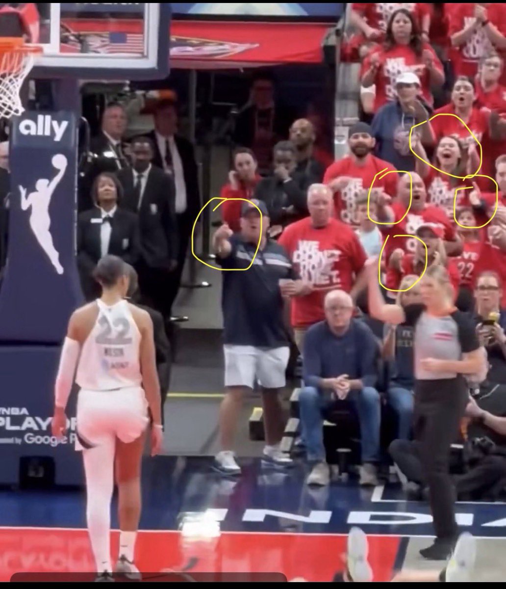_HeHateMee_'s tweet photo. I count 5 people pointing at Aja Wilson. It’s not uncommon for a fan to point at a player for committing a foul. https://t.co/g4FgkcLkdT