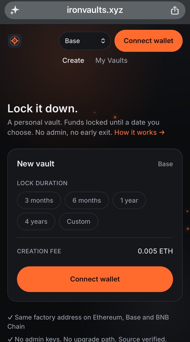 midegotban's tweet photo. Just created my first vault on @iron_vaults
https://t.co/zYcPnAk4SU makes it super simple to spin up a live vault on Base, BNB Chain, or Ethereum.
Took me a few minutes + ~$10 gas/fee and I was live.
Here’s the full process + why it’s actually useful 🧵 https://t.co/l83f6JNdpJ