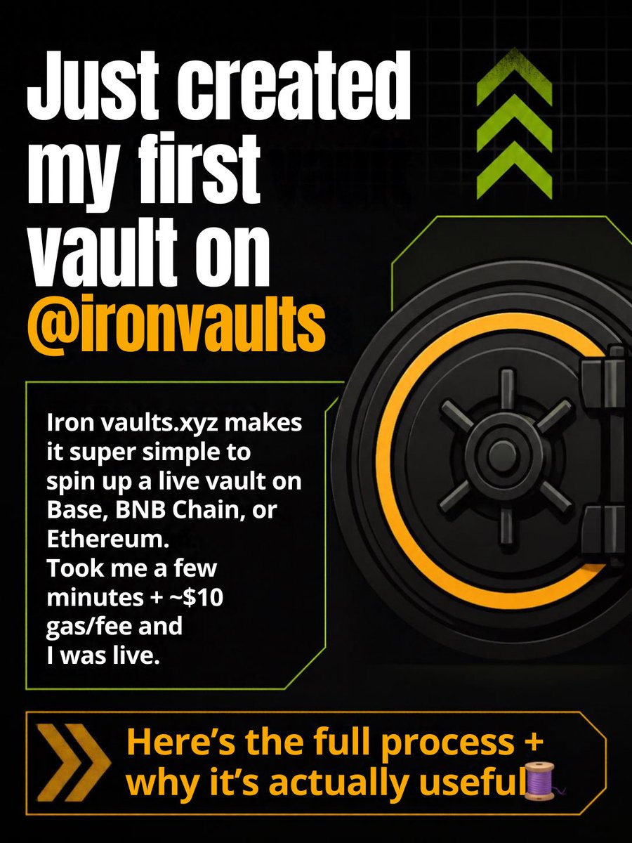 midegotban's tweet photo. Just created my first vault on @iron_vaults
https://t.co/zYcPnAk4SU makes it super simple to spin up a live vault on Base, BNB Chain, or Ethereum.
Took me a few minutes + ~$10 gas/fee and I was live.
Here’s the full process + why it’s actually useful 🧵 https://t.co/l83f6JNdpJ