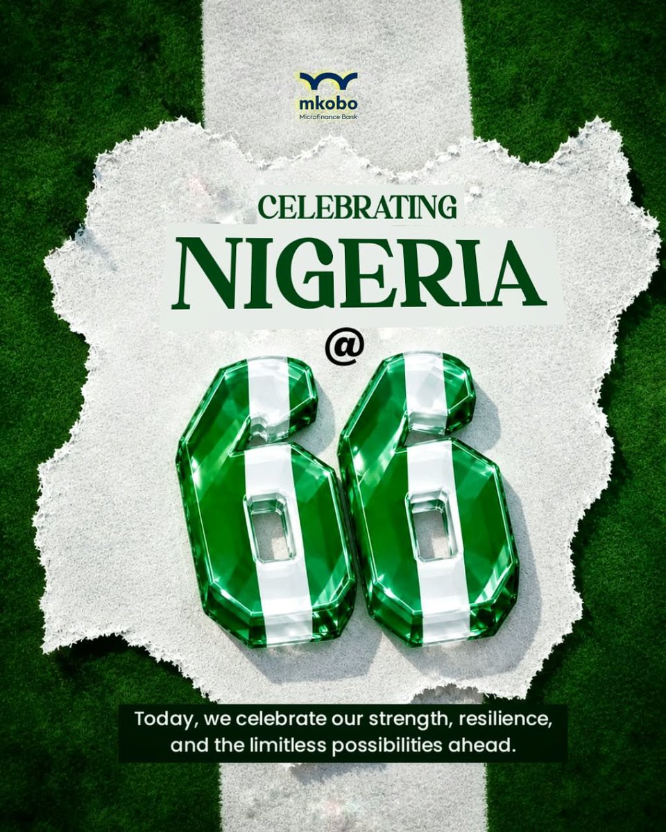 mkobobank's tweet photo. Today, we celebrate the strength, resilience, unity, and limitless potential that make Nigeria truly special. From every dream to every hustle, every community to every new possibility.  Happy Independence Day from all of us at Mkobo

#HappyIndependenceDay #NigeriaAt66 #Nigeria #mkobo #IndependenceDay