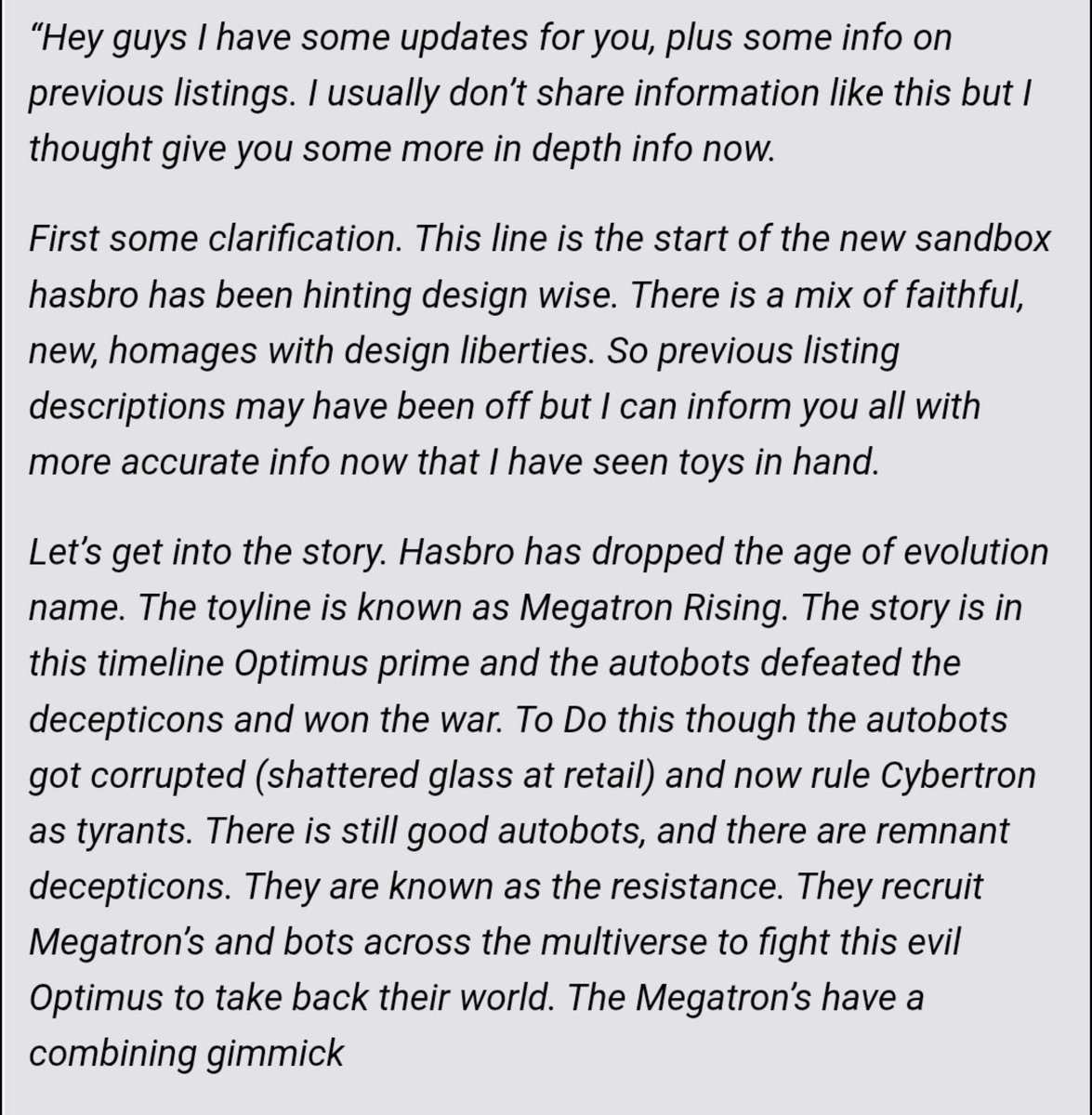 TFHypeGuy's tweet photo. Get ready for MEGATRON RISING!!

Hasbro is starting their "Sandbox Approach" to mainline Transformers!

Featuring a NEW Story, NEW designs and NEW characters.

Autobots must travel the multiverse and recruit Megatrons and bots to take down the corrupted Tyrannical Optimus Prime. https://t.co/jUphOxTKaw