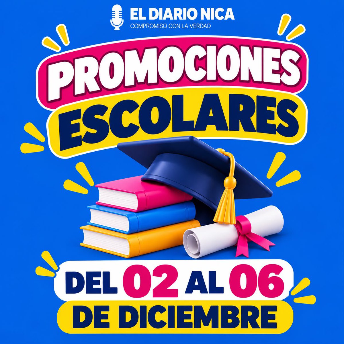 ElDiarioNica's tweet photo. 🇳🇮🎉 ¡Llega la época de celebrar los logros de nuestros estudiantes! 🎓

​Las promociones escolares se realizarán del 02 al 06 de diciembre, así lo anunció la Copresidenta de Nicaragua Rosario Murillo.  
​
#Educación #Nicaragua #PromocionesEscolares https://t.co/Pa8rZYb6ps