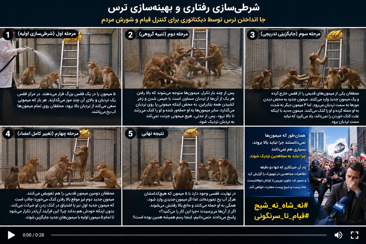 Ali59Ghasemi's tweet photo. شرطی‌سازی رفتاری و بهینه سازی ترس

جا انداختن ترس توسط دیکتاتوری برای کنترل قیام و شورش مردم

آزمایش:
1. مرحله اول (شرطی‌سازی اولیه):
۵ میمون را در یک قفس بزرگ قرار می‌دهند. در مرکز قفس یک نردبان و بالای آن چند موز می‌گذارند. هر بار که میمونی سعی می‌کند از نردبان بالا برود، محققان روی تمام میمون‌ها آب یخ (در داستان‌های مدیریتی آب یخ است، نه آب جوش) می‌پاشند.

2. مرحله دوم (تنبیه گروهی):
پس از چند بار تکرار، میمون‌ها متوجه می‌شوند که بالا رفتن هر یک از آن‌ها از نردبان، مساوی است با خیس شدن و زجر کشیدن همه. بنابراین، به محض اینکه میمونی پا روی نردبان می‌گذارد، سایر میمون‌ها به او حمله‌ور شده و او را کتک می‌زنند تا بالا نرود. پس از مدتی، هیچ میمونی جرئت نمی‌کند به نردبان نزدیک شود.

3. مرحله سوم (جایگزینی تدریجی):
محققان یکی از میمون‌های قدیمی را از قفس خارج کرده و یک میمون جدید وارد می‌کنند. میمون جدید به محض دیدن موزها به سمت نردبان می‌رود، اما ۴ میمون دیگر به شدت به او حمله کرده و او را کتک می‌‌زنند. میمون جدید با اینکه علت کتک خوردن را نمی‌داند، یاد می‌گیرد که نباید سمت نردبان برود.

4. مرحله چهارم (تغییر کامل اعضا):
محققان دومین میمون قدیمی را هم تعویض می‌کنند. میمون جدید دوم نیز موقع بالا رفتن کتک می‌خورد؛ جالب اینجاست که میمون جدید اول نیز با اشتیاق در کتک زدن او شرکت می‌کند، بدون اینکه خودش هم بداند چرا!
این فرایند آن‌قدر تکرار می‌شود تا تمام ۵ میمون اولیه با میمون‌های جدید جایگزین شوند.

5. نتیجه نهایی:
در نهایت، قفسی وجود دارد با ۵ میمون که هیچ‌کدامشان هرگز آب یخ نخورده‌اند، اما اگر میمون جدیدی وارد شود، همگی به او حمله می‌کنند و مانع بالا رفتنش می‌شوند. اگر از آن‌ها می‌پرسیدند «چرا این کار را می‌کنید؟»، پاسخ می‌دادند: «نمی‌دانیم، اینجا رسم همیشه همین بوده است!»

در این تصویر، میمون تازه‌وارد سعی دارد از نردبان به سمت سبد موزها بالا برود، اما سایر میمون‌ها از پایین پای او را می‌کشند و مانع حرکتش می‌شوند؛ در حالیکه هیچ‌کدام نمی‌دانند چرا نباید بالا رفت.

این داستان را یادآور شدم بخاطر خبرنگاری که دو دقیقه تظاهرات مجاهدین در نیویورک را گزارش کرده بود و مجبور شد جلوی دوربین از اوباش نئوفاشیست شاه پرست و شیخ پرست معذرت خواهی کند. یعنی همه فهمیدند که نباید به مجاهدین نزدیک شوند وگرنه بلایی به سرشان می‌آید که سر آن خبرنگار آمد!
#نه_شاه_نه_شیخ 
#قيام_تا_سرنگونى