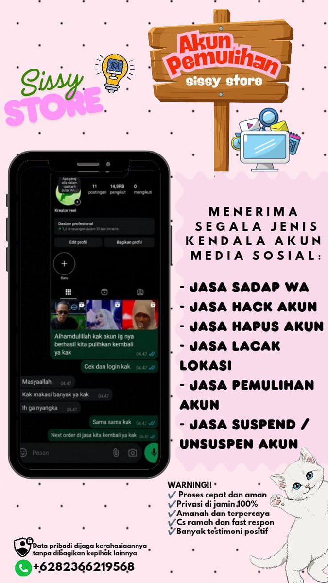 naicrel's tweet photo. Sadap WhatsAp &amp; Lacak lokasi 🛍️.⊹౨ৎ˚⟡

✧˚ Jasa Pemulihan Akun
- instagram, tiktok, whatsapp, line, facebook, x, gmail, telegram dan lain”

✧˚ Jasa Hapus Akun
- facebook, tiktok, instagram, line, whatsapp, twitt / x, dan lain”

Konsultasi ? Silahkan klik wa di bio ya જ⁀➴♡ https://t.co/ZS8QDt8xii