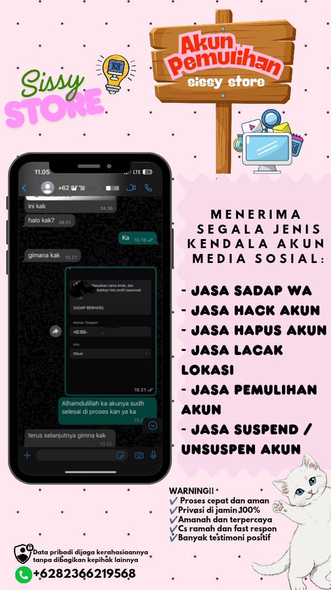 naicrel's tweet photo. Sadap WhatsAp &amp; Lacak lokasi 🛍️.⊹౨ৎ˚⟡

✧˚ Jasa Pemulihan Akun
- instagram, tiktok, whatsapp, line, facebook, x, gmail, telegram dan lain”

✧˚ Jasa Hapus Akun
- facebook, tiktok, instagram, line, whatsapp, twitt / x, dan lain”

Konsultasi ? Silahkan klik wa di bio ya જ⁀➴♡ https://t.co/ZS8QDt8xii