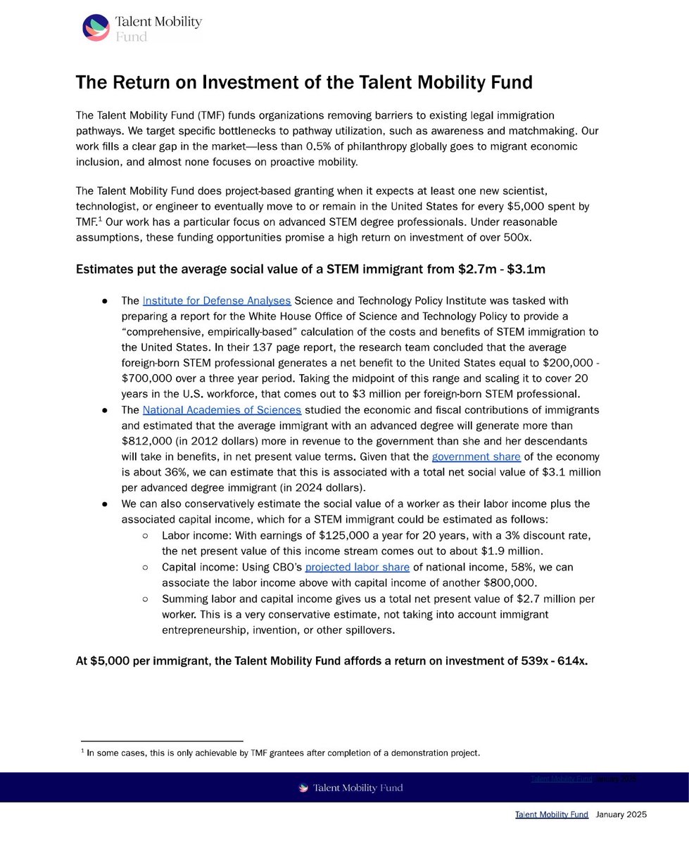 nataliegwinters's tweet photo. “A future of much more migration without political backlash.”

That’s the vision in the Talent Mobility Fund’s strategy paper.

A fund backed by former Google CEO Eric Schmidt and run by a former Biden immigration adviser is financing efforts to bring in and retain MORE foreign workers in American communities.

Its strategy paper calls opponents of increased immigration an “unmovable block.”

Here’s the operation:

Amy Nice left the Biden White House in 2022 with a plan to increase immigration through visa pathways that weren’t being fully used.

The fund’s parent organization describes her objective explicitly: “systematically increase immigration.”

The method: get employers, immigration lawyers, government agencies, and nonprofits working together to use existing visa programs more aggressively—including O-1 visas for scientists, which have no annual numerical cap.

More immigration without needing Congress to pass a new immigration law.

Early financial backing came from Eric Schmidt and Open Philanthropy. Other supporters include the Livelihood Impact Fund and Sijbrandij Foundation.

The fund is now run by Doug Rand—the former senior adviser to the director of U.S. Citizenship and Immigration Services under BIDEN. 

Where is the money going?

One grantee, inSpring, is building foreign-worker recruitment hubs in communities with “flat or declining youth populations.”

Its named locations include Oklahoma, South Carolina, Birmingham, Alabama—and ROCHESTER, NEW YORK.

That happens to be the SAME CITY where Rochester General Hospital is facing scrutiny from the Labor Department’s inspector general over an unverified claim that 80 of 82 medical residents held H-1B or J-1 visas.