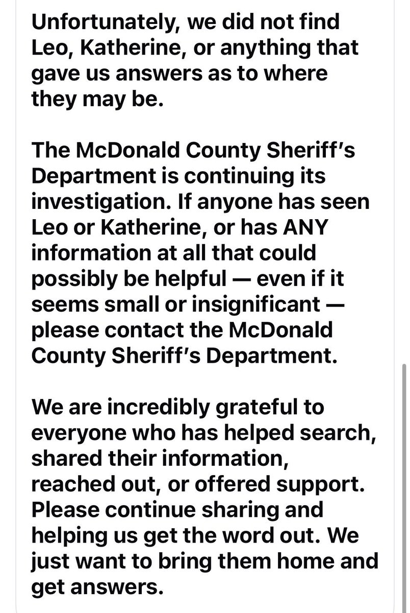 LibbiXReports's tweet photo. ‼️#Lindeman Update: Leo’s niece LaShawnda Lindeman posted an update on the search.
Unfortunately, they did an extensive search of the entire 15 acre property, with dogs, drones, officers, family and did not find Leo, Katherine or Itty Bitty.
They also did not find any evidence of anything pertaining to what could have happened to them.
#Missouri #MissingPersons