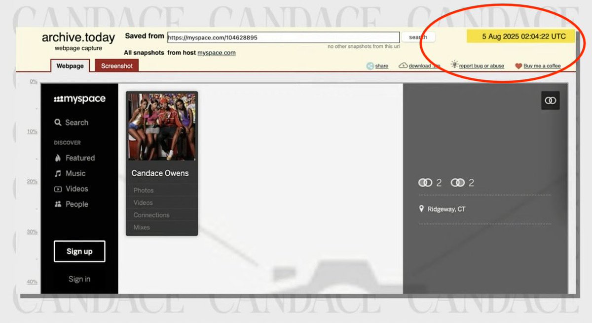 Mini_MinZzZz's tweet photo. Why was this YouTube link of Candace’s video archived on the very day Bibi visits D.C.?

Why was this MySpace link archived the very day Charlie was with Bill Ackman - where the phone call with Bibi and Charlie also took place?

Candace just added another data point to the timeline.