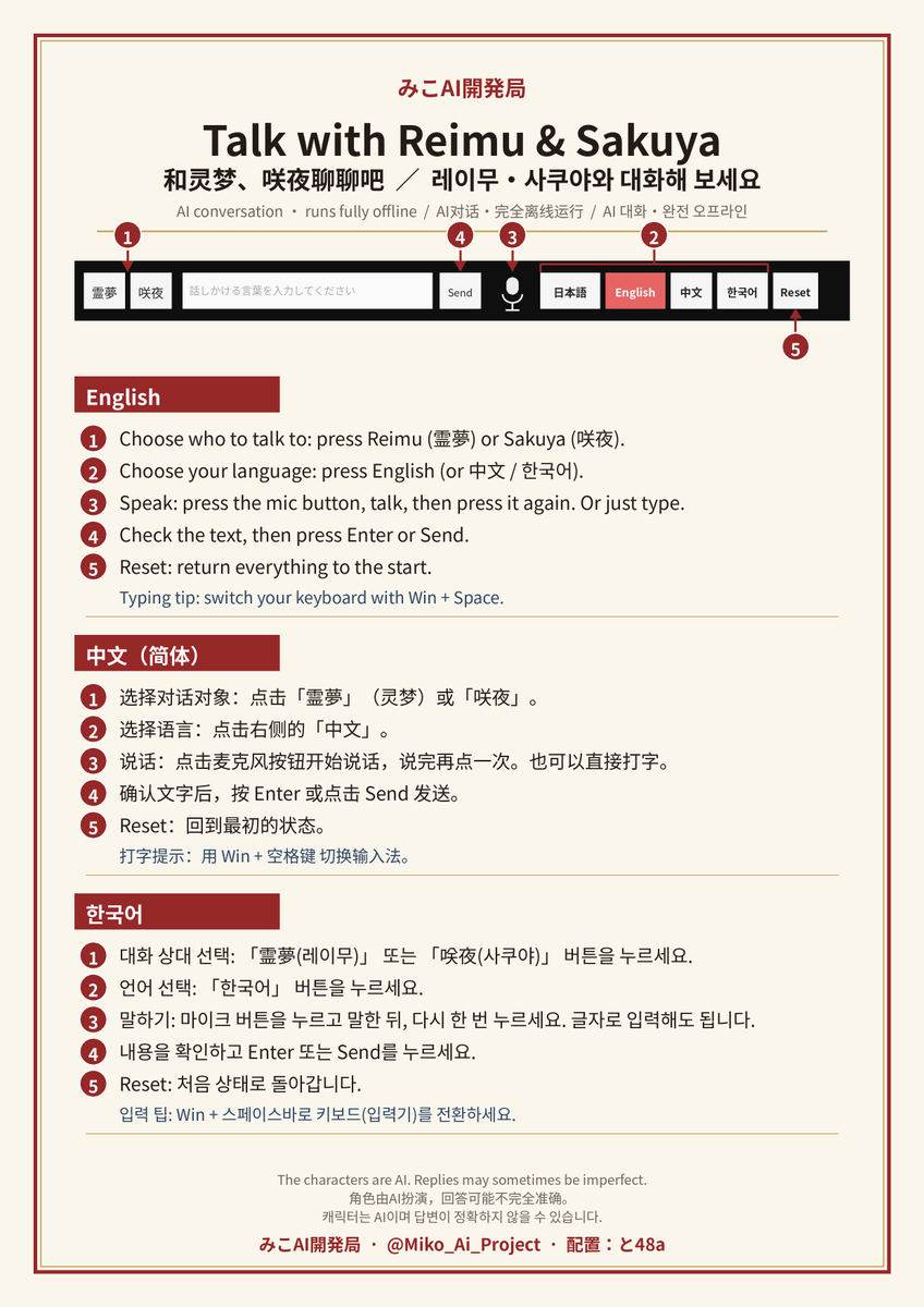 Miko_Ai_Project's tweet photo. How to talk to them 📝
和她们聊天的方法
대화하는 방법

1 Pick Reimu / Sakuya  2 Choose language  3 Mic or type  4 Enter
1 选人  2 选语言  3 麦克风或打字  4 按 Enter
1 상대 선택  2 언어 선택  3 마이크/입력  4 Enter

📍 と48a · Oct 4 #Touhou #例大祭 https://t.co/GfmPTAuSaK