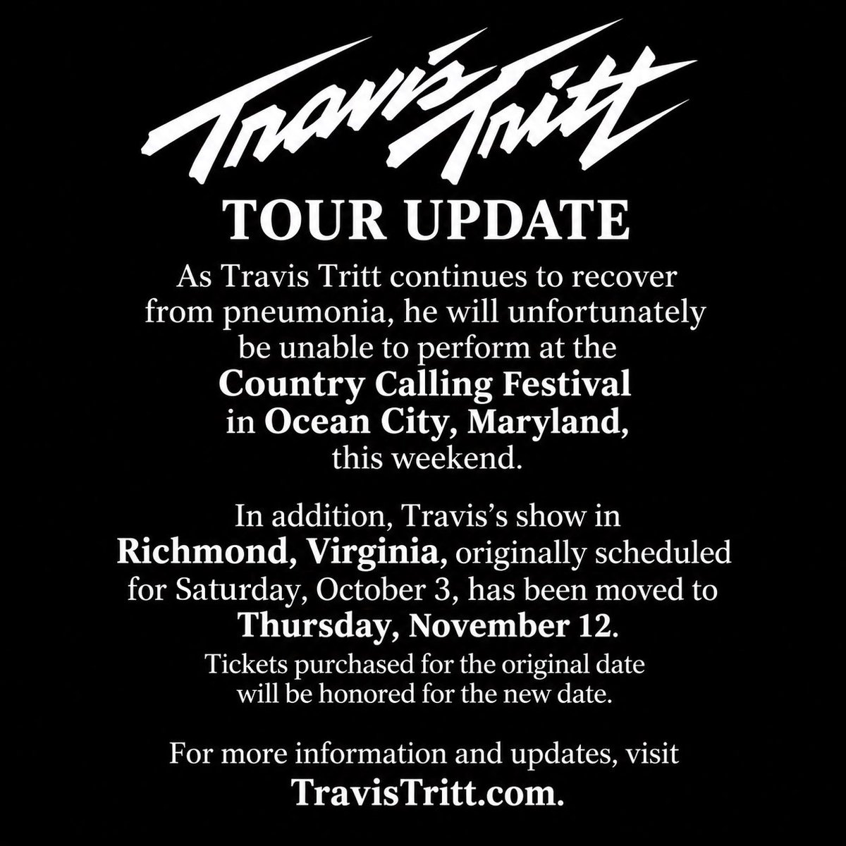 TravisTritt's tweet photo. UPDATE ON THIS WEEKEND’S SHOWS… https://t.co/eHT55a3o4A