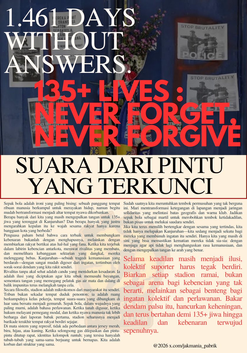 Jakmania_Pabrik's tweet photo. Zine ini untuk mereka yang terlupakan, untuk kita yang selalu abai, untuk tragedi yang semakin tertutup oleh asap rivalitas.

Musuh kita bukan sesama, karena pada akhirnya kita hanya punya satu dan lainnya untuk berkolektif melawan mereka.
mari sadarkan lagi fikiran kita ..... https://t.co/xGIu1YYnli