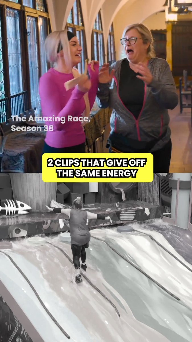 A collage features 'The Amazing Race, Season 38' with two women reacting excitedly, contrasted with a person attempting to cross a water obstacle course above the caption '2 CLIPS THAT GIVE OFF THE SAME ENERGY'.