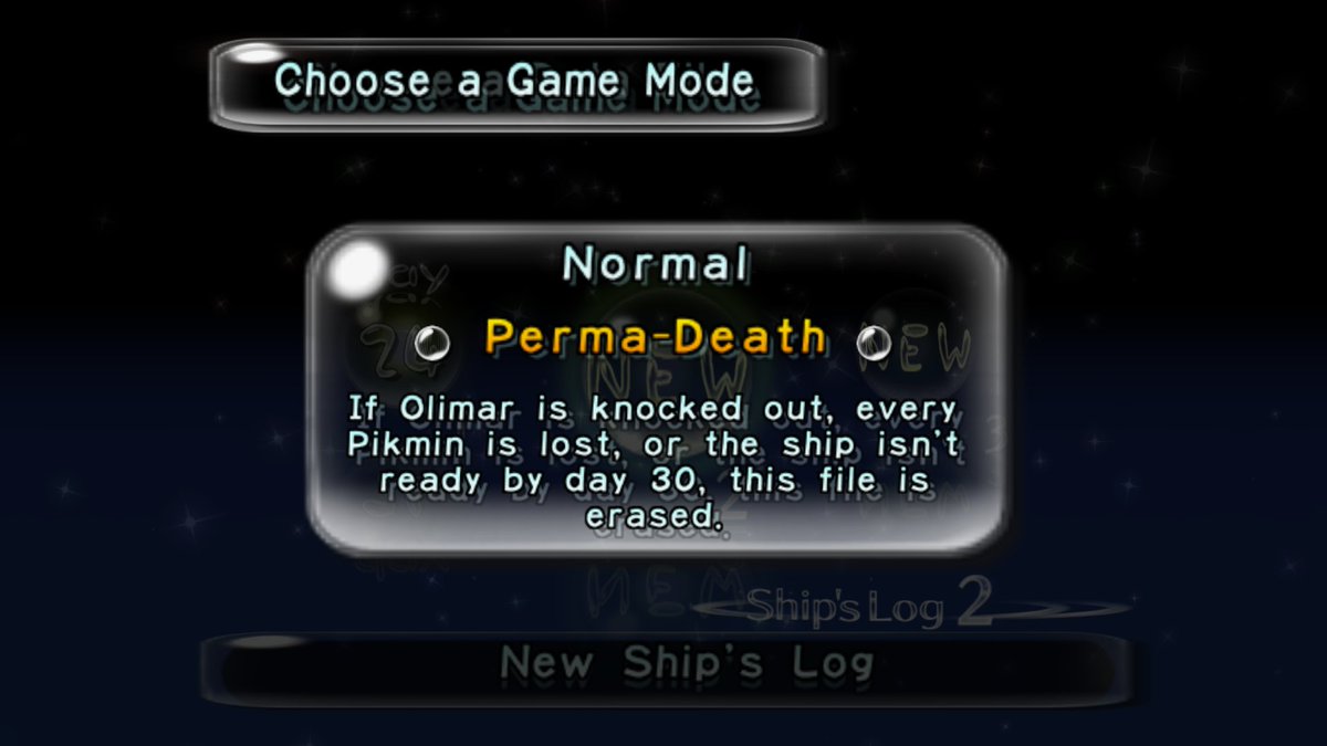 PikminNative's tweet photo. Perma-Death mode! If Olimar dies, gets a bad ending, or has a Pikmin Extinction, your save file is deleted. This menu will also house future game modes (ironmin mode, randomiser, etc.) https://t.co/AtaNuzUlWL
