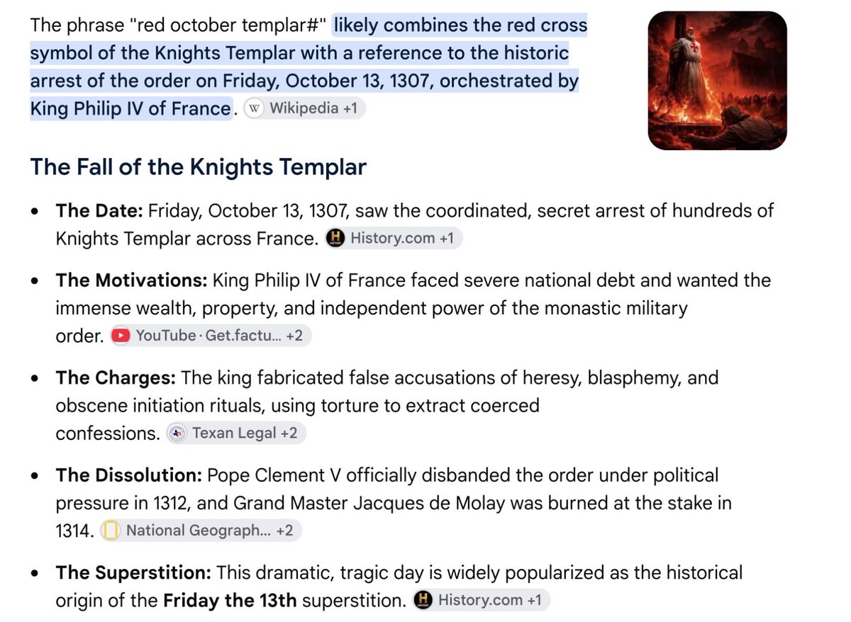 CeoCozyheART17's tweet photo. @TruCheetos Go back further. Where does it originate from? Templars. Most bad news in the media is released on this month. Chapters. From Hilary laptop, to weiner, to stein’stone’, even Seth and Jason and many many more. A bad day; The day king Philip the put his stake to the test. 1307. https://t.co/egU0CAlGkt