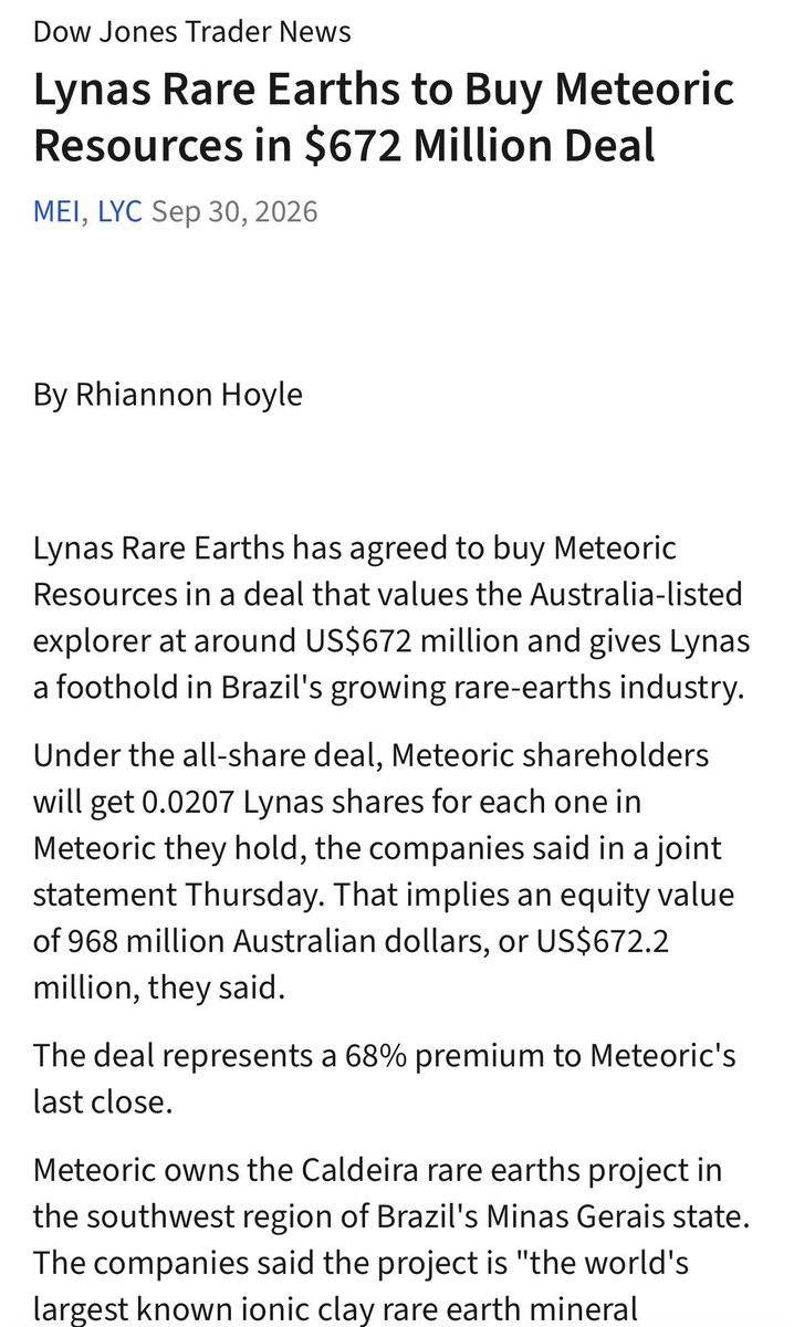 jtourzan's tweet photo. Lynas is buying out Meteoric at a nice premium. I’m #long both and definitely approve of this deal. $lyc.ax $mei.ax https://t.co/ht5P4vpaj7
