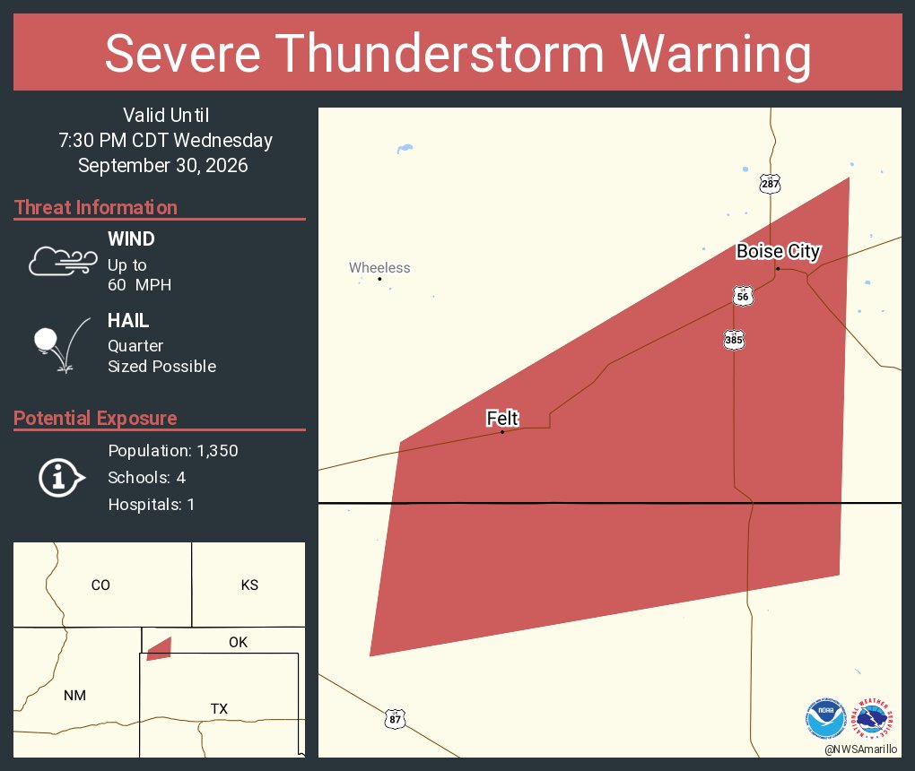 NWSAmarillo's tweet photo. Severe Thunderstorm Warning including Boise City OK and  Felt OK until 7:30 PM CDT https://t.co/ZOV4Jr1z7c