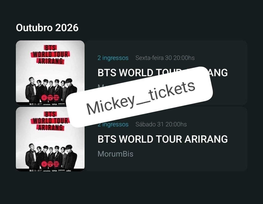 mickey__tickets's tweet photo. VENDO / VENDA INGRESSOS BTS 31/10

🎟 1 pista inteira
🎟 2 pista meias 

» pagamento via pix e cartão
» ingresso transferivel depois de amanhã (31/09)
» todas as comprovações
» podem ser comprados separadamente 
» dm, prioridade por ordem de chegada
#btsbrazil #BTS_WORLDTOUR https://t.co/780vaBFXbV