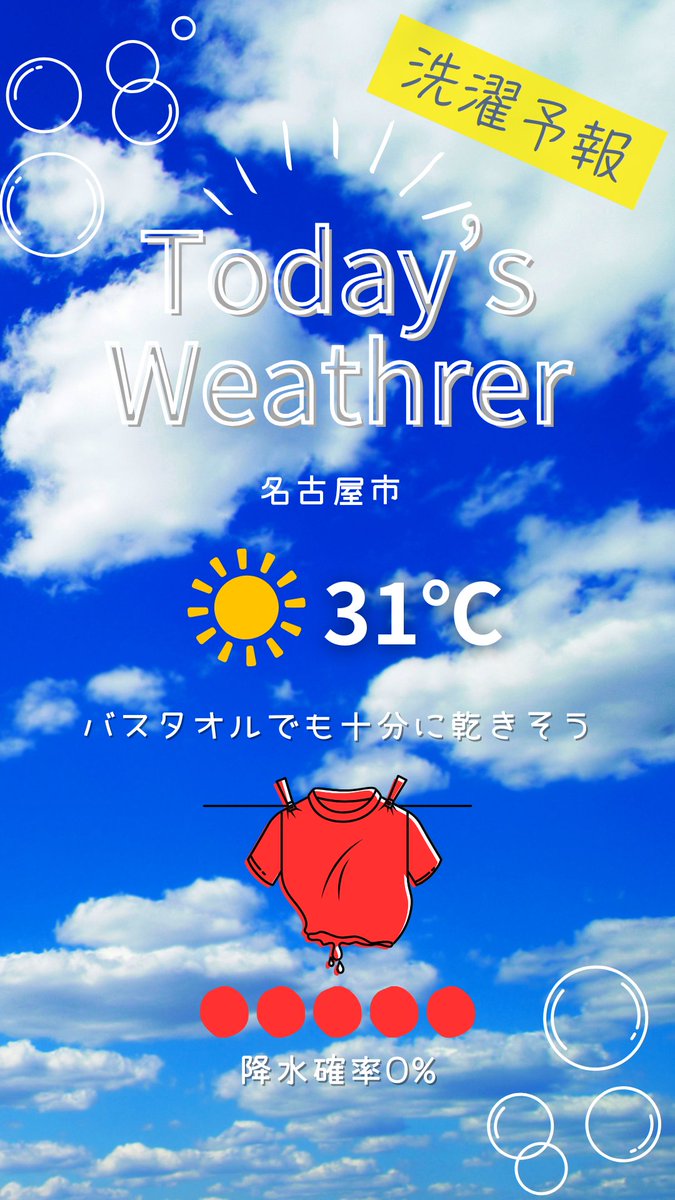 washbaselaundry's tweet photo. おはようございます☀️
コインランドリ���▶ WASH BLUE ◀のアカウントです🌞
今日の洗濯予報 　 晴　☀️　降水確率0%
👕バスタオルでも十分に乾きそう👕
#コインランドリー #名古屋市コインランドリー #洗濯物 #洗濯 https://t.co/qIoB9s80qx