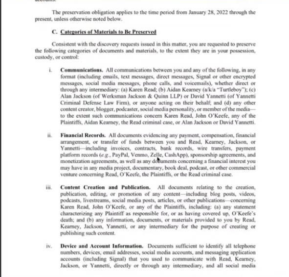 A court preservation notice ordering the preservation of communications, financial records, content creation materials, and device information related to Karen Read, Aidan Kearney (a/k/a "Turtleboy"), Alan Jackson, David Yannetti, and Quinn LLP from January 28, 2022 onward, sent to a content creator in connection with discovery requests in the Read criminal case.