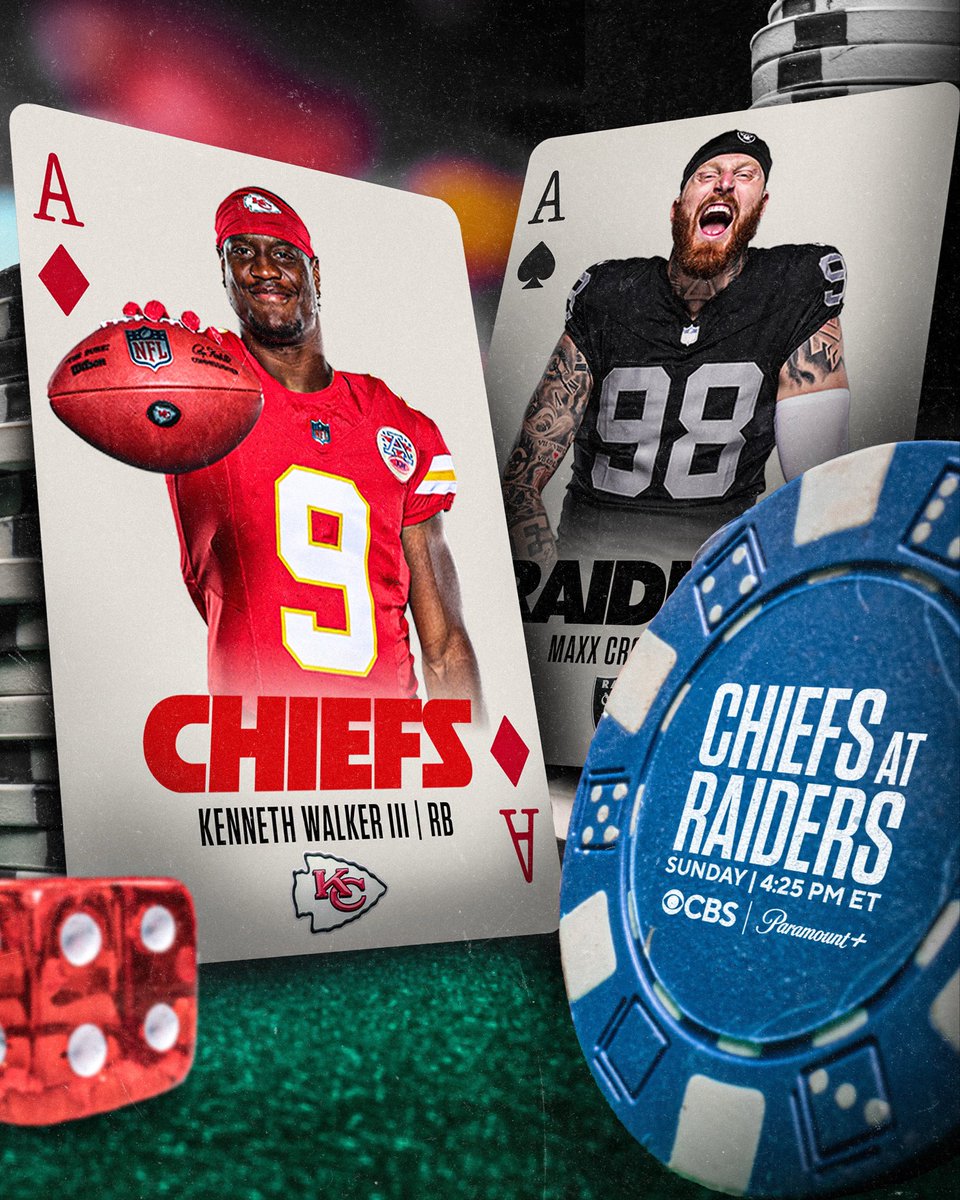 NFLonCBS's tweet photo. Who will remain undefeated? 👀
Chiefs vs Raiders
Sunday 4:25 PM ET on CBS and @paramountplus https://t.co/eTmowggFf4