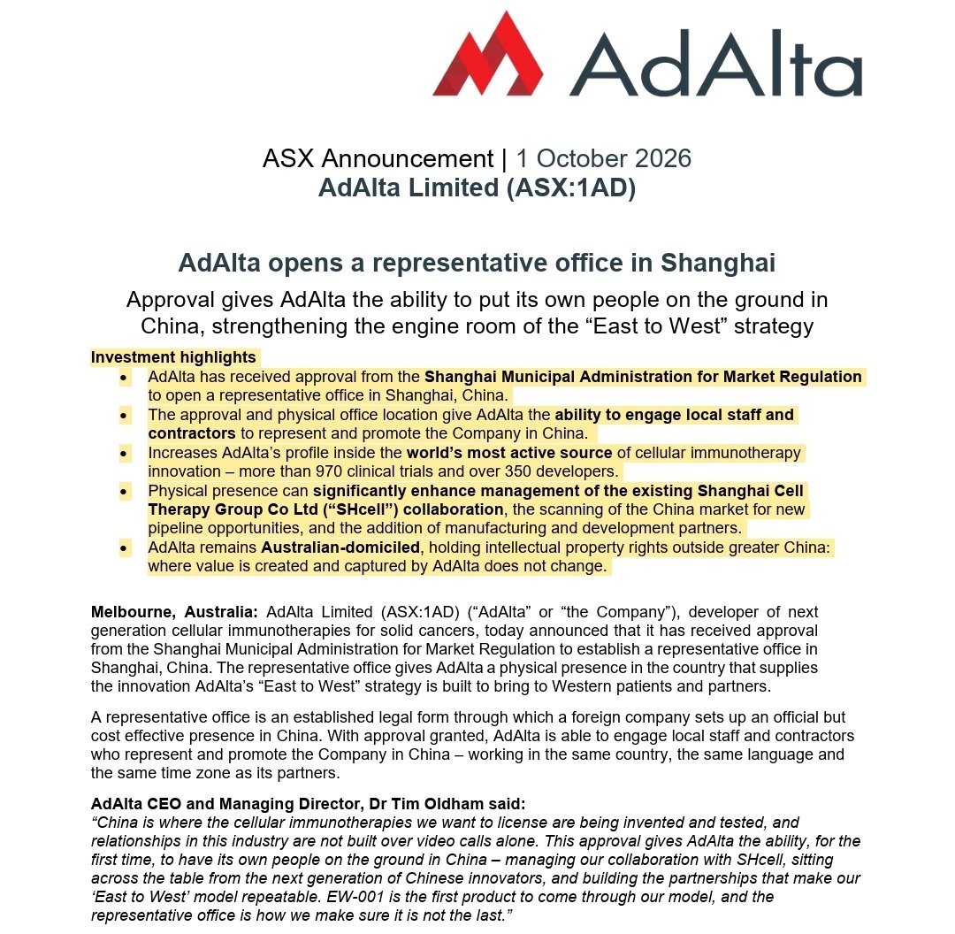 YellowStripeASX's tweet photo. #1AD ($11M MC) NEWS💥

IMO Most Undervalued #Biotech Play in #ASX

⏩️APPROVAL RECEIVED from SHANGHAI MUNICIPAL ADMINISTRATION FOR MARKET REGULATION to OPEN A REPRESENTATIVE OFFICE in #SHANGHAI 🇨🇳, giving #1AD the ability to engage local staff & contractors to represent & promote @AdAlta1AD in #China⏪️

About #1AD EW-001👇💥
#Cancer #CancerCure #Mesothelioma 

⏩️EW-001 is a novel, FIRST IN CLASS, #CarT #CellTherapy designed to treat #Mesothelioma (a rare but rapidly fatal cancer usually linked to asbestos exposure) & with possible application in more than ten other cancers⏪️

EW-001 clinical studies in relapsed or advanced mesothelioma patients (second line and later) in China have reported👇💥

💥UP TO 50% OVERALL RESPONSE RATE (tumour shrinkage)

💥UP TO 20% COMPLETE RESPONSE RATE (complete tumour clearance)

💥Two patients achieving Complete Responses have NOW REACHED TWO & ONE YEAR SURVIVAL MILESTONES respectively with no evidence of cancer returning providing evidence of durability of response

💥Median overall survival has not yet been reached in the current generation manufacturing process, however an EARLIER GENERATION OF EW-001 ACHIEVED MORE THAN 25 MONTHS MEDIAN SURVIVAL