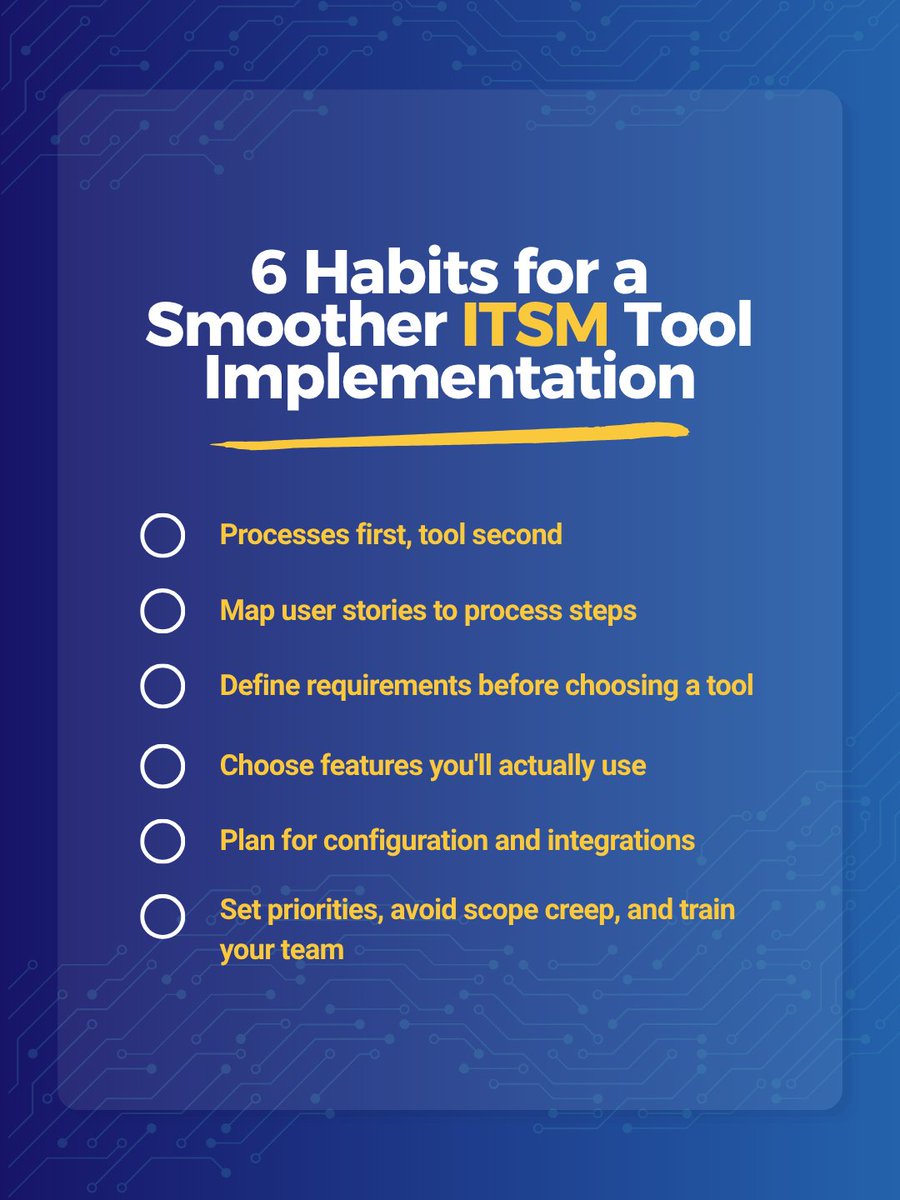 GoNavvia's tweet photo. Want a smoother ITSM tool implementation? Keep these 6 habits in mind, starting with your processes.

They're the blueprint for automation and help you avoid a "lift and shift" of your old tool.

Save the image as a checklist for your next project📌 https://t.co/8sFjYvvCAd