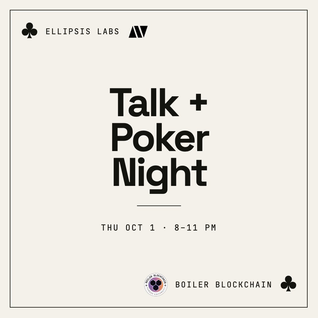 BoilerChain's tweet photo. only time it's socially acceptable to bluff in front of a recruiter ♣️🃏

@ellipsis_labs is coming to campus tomorrow to break down how they built phoenix, their perps dex on solana. after that, we’re going to be hosting a free poker tourney with cash prizes

they're hiring 2027 interns + new grads 👀

thu 10/1 · 8–11pm

apply to join 👇