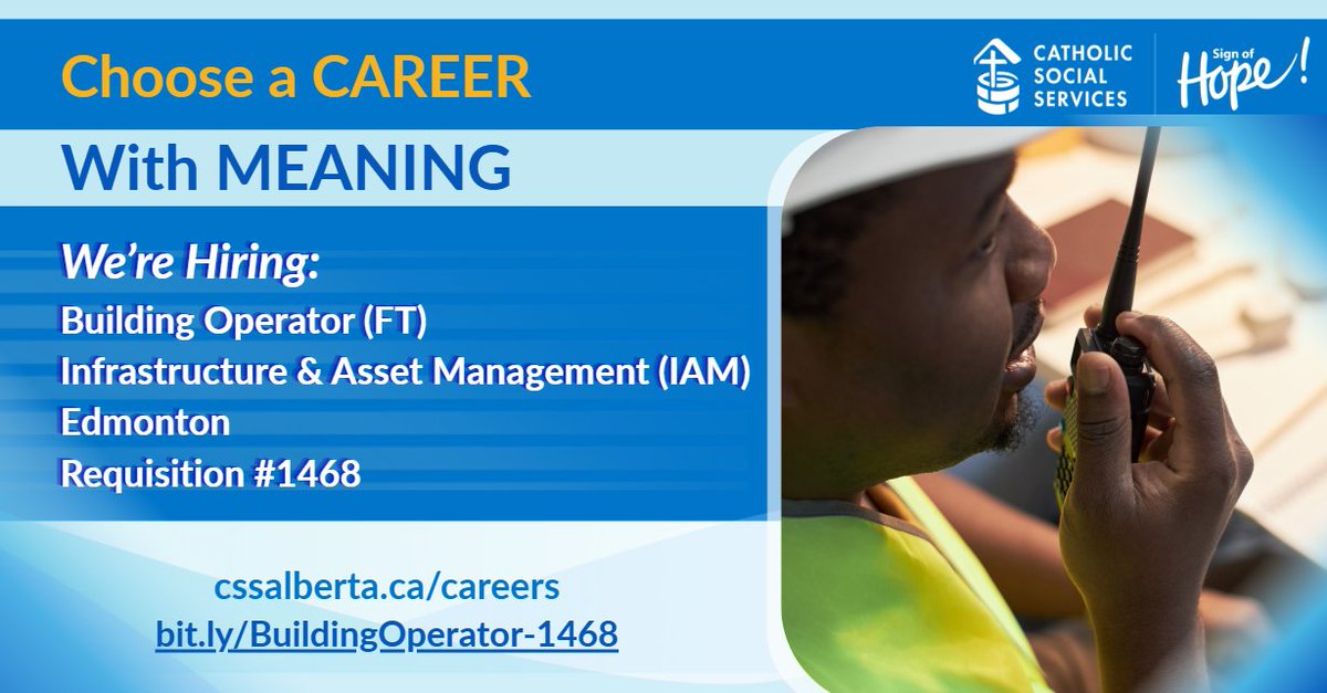 cssalberta's tweet photo. Catholic Social Services is currently seeking a Building Operator (FT) for our Infrastructure &amp; Asset Management department in Edmonton.
Requisition number: 1468
https://t.co/G0SOWWhCLW https://t.co/u2PrfgQF8j