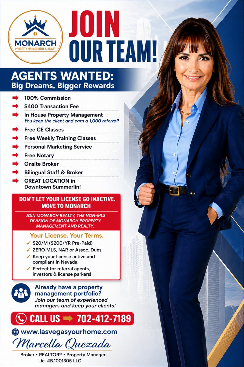 mgm_monarch's tweet photo. ๐ READY FOR YOUR NEXT MOVE?
100% Commission + $1,000 Referral Opportunity ๐ฐ
๐ Free CE & Training
๐ฃ Marketing Support
๐ก In-House Property Management
Your License. Your Clients. Your Opportunity.
๐ 702-412-7189
#JoinMonarch #LasVegasRealtor #MonarchPM https://t.co/oL3WMMsa1H