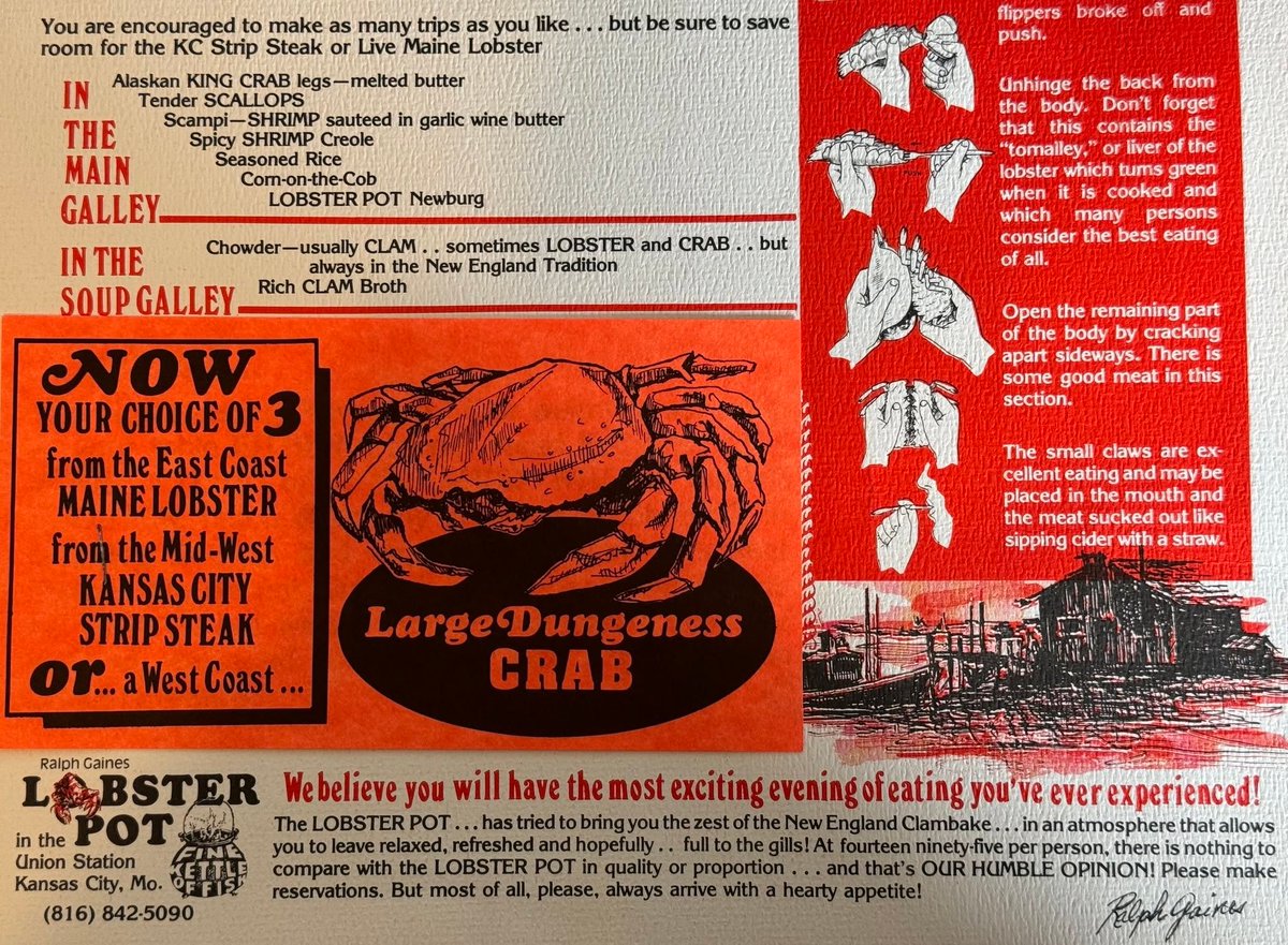 UnionStationKC's tweet photo. A throwback to a former Union Station favorite dining destination, the Ralph Gaines Lobster Pot. 🦞  Featured here is a complete menu from the Lobster Pot, which opened at Union Station in 1976 and closed in 1989, six years after Union Station itself had closed to the public, other than Amtrak’s inflatable bubble inside Grand Hall.