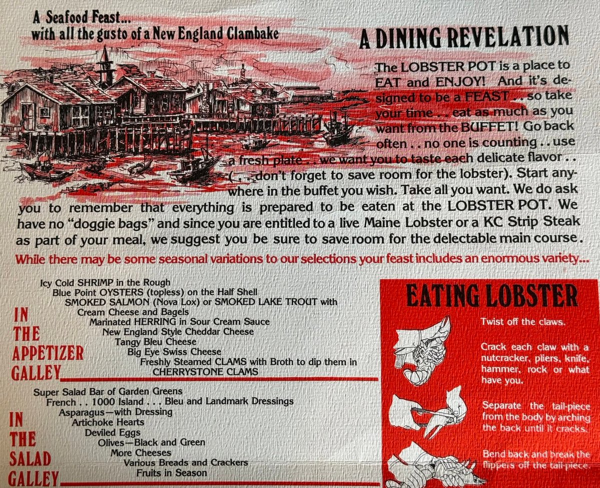 UnionStationKC's tweet photo. A throwback to a former Union Station favorite dining destination, the Ralph Gaines Lobster Pot. 🦞  Featured here is a complete menu from the Lobster Pot, which opened at Union Station in 1976 and closed in 1989, six years after Union Station itself had closed to the public, other than Amtrak’s inflatable bubble inside Grand Hall.