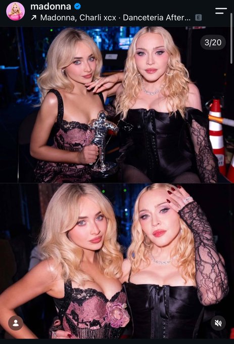 A screenshot of Madonna's Instagram showing her posing with singer Charli XCX at a concert in Lisbon, captioned 'Madonna, Charli xcx - Danceteria After...'.