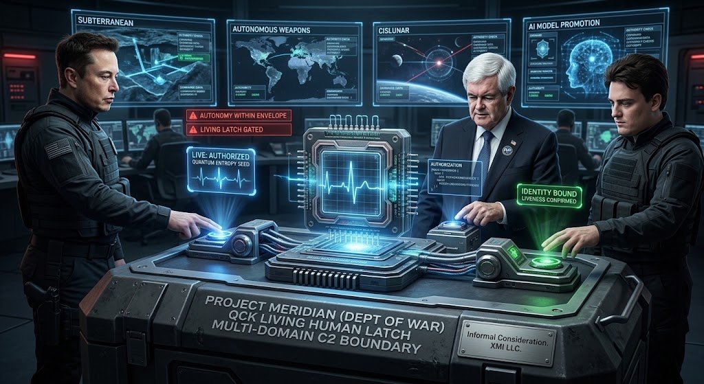 love2godown21's tweet photo. XMI LLC · INFORMAL CONSIDERATION · NOT A PROJECT MERIDIAN PRODUCT
QCK living latch · 30 September 2026 · Page 1
MEMORANDUM
FOR: @elonmusk @PalmerLuckey @newtgingrich Co-Directors, Project Meridian
THROUGH: Emil Michael, CTO, Department of War
FROM: XMI LLC DATE: 30 September 2026
SUBJECT: Quantum Cardiac Key (QCK) — living human authorization latch for multi-domain command
THE PARADOX
Autonomy can act at machine speed. It must not own irreversible authority.
Passwords, certificates, faces, and session cookies outlive intent. They spoof. They remain valid after capture or
death. Future C2 will decouple execution from legal authority: machines detect, track, and engage inside authorized
envelopes. The missing primitive is a latch at the envelope boundary.
Question the latch answers: Is the authorized principal physically present and demonstrably alive at the exact
moment this authority is exercised?
THE PRIMITIVE
QCK is hardware root-of-trust, not a controller, not an AI-safety layer, not latency in the inner loop. Four properties
fuse inside a system-in-package enclave to mint an ephemeral authorization token:
Identity binding + live physiology + fresh entropy + TEE → ephemeral human latch
1. Identity. Enrolled waveform bound to one principal at provisioning.
2. Liveness. Real-time electrophysiology rejects playback and static templates. Residual spoof resistance is a test
metric, not a paper conclusion.
3. Fresh entropy. Physical / quantum-grade entropy seeds each signing event. Replay hardness is measured, not
assumed.
4. TEE, fail-closed. Derivation inside a hardware enclave. Loss of required liveness targets immediate destruction of
ephemeral material. Instant zeroization is to be demonstrated.
Placement: authority boundaries only. Stabilization, close-in intercept, and fusion stay inside pre-authorized
envelopes. QCK is invoked when the envelope itself must change.
WHERE IT SITS
Distributed C2, autonomous weapons, subterranean / SCIF, directed energy, counter-UAS, cislunar, N-person strategic
release, and AI-model promotion all share one failure: static credentials still authorize after the human is gone,
captured, or faked. QCK-class function is the same in every domain — gate envelope change and release on
contemporaneous live proof; leave the inner loop alone.
Domain Failure without a living latch QCK-class function
Distributed C2 Deepfake, capture, session hijack Live proof at t0; static credentials insufficient
Autonomous weapons Scale exceeds watch-every-track Release above threshold gated; no live proof, no token
Subterranean / SCIF Badges survive capture Fail-closed on loss of liveness; captured device ≠ authority
Directed energy Spoofable software consent Autonomy inside envelope; QCK gates expansion / override
Counter-UAS / swarms Compromised node flips ROE Intercept stays inner-loop; weapons tight/free needs live signature
Cislunar / deep space Latency forbids joystick C2 Human sets envelopes with live signature; vehicle executes inside
Strategic / N-person Two cards in one pocket N distinct, identity-bound, independently live physiological roots
AI model promotion Bots promote poisoned models Elevation requires a live, non-reconstructable signing event
XMI LLC · INFORMAL CONSIDERATION · NOT A PROJECT MERIDIAN PRODUCT
QCK living latch · 30 September 2026 · Page 2
HARD BOUNDARIES
Liveness ≠ free will. Alive and present is not uncompromised intent. Coercion is a C2 and N-person problem.
Not a cure-all. Does not fix bad policy, unlawful orders, bad sensors, bad models, or supply-chain firmware.
Narrow claim only. Designated authorization events become cryptographically conditional on contemporaneous
physical liveness.
ASK
Treat QCK as a security hypothesis in Meridian-relevant test pipelines — not a program of record. Hypothesis: a
hardware-rooted enclave can bind identity, cardiac liveness, fresh entropy, and ephemeral key derivation tightly
enough to reject valid static credentials, recorded biometrics, compromised sessions, and captured terminals.
Measure: replay rejection, time-to-zeroize on loss of liveness, false-reject under motion and stress, independence of
N live roots. Until measured: “designed to,” never “ensures.”
Autonomy owns the loop. Policy owns the envelope. A living human owns the latch.
Submitted for informal consideration only. Not commissioned by, affiliated with, or an output of Project Meridian or the @DeptofWar