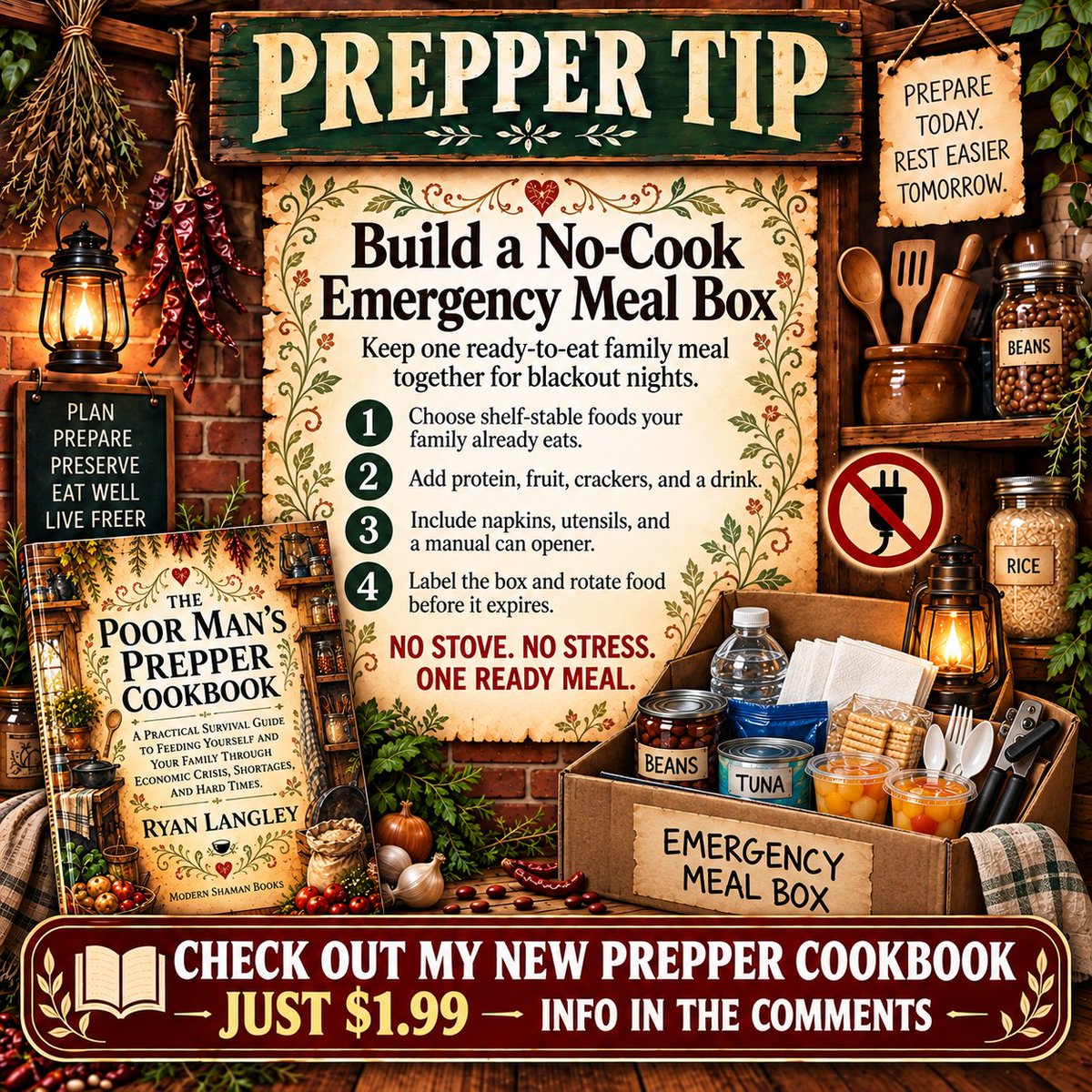 ModernShamanX's tweet photo. #PrepperTip ๐ฆ No-cook emergency meal box today ๐ Peanut butter ๐ฅ crackers ๐ tuna ๐ granola bars ๐ซ zero power needed โก
New 181 page prepper cookbook, just $1.99 ๐
https://t.co/zRXCeiay3L
https://t.co/wNg5qNrLEa
#Prepper #Survival https://t.co/nKrLyg2imz