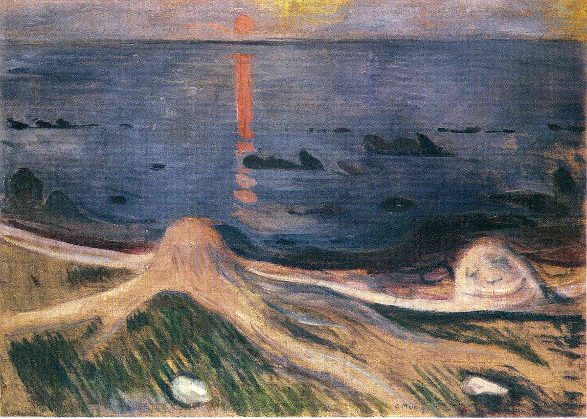 artistmunch's tweet photo. The Mystery of a Summer Night, 1892 #artbots #munch https://t.co/ce01MeznlG