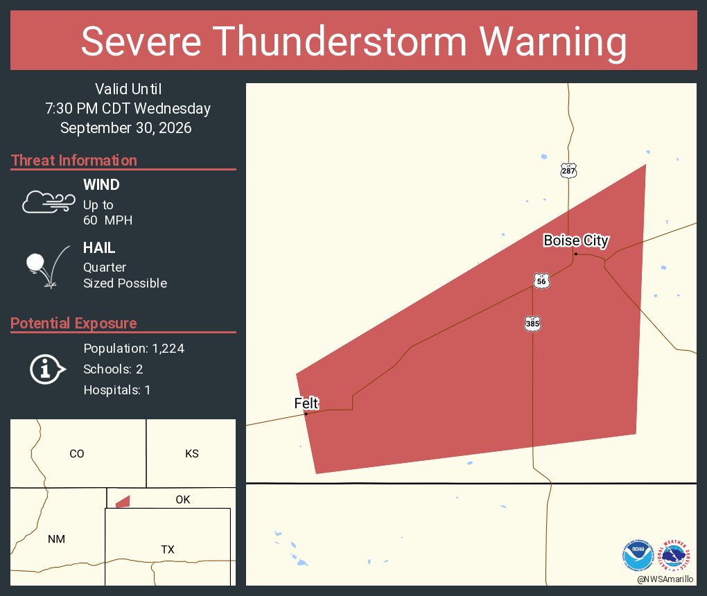 NWSAmarillo's tweet photo. Severe Thunderstorm Warning continues for Boise City OK and  Felt OK until 7:30 PM CDT https://t.co/4F5YLuIPWQ