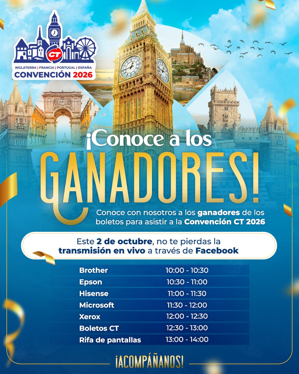 CTInternacional's tweet photo. ¡Acompáñanos y no te pierdas la transmisión en vivo 🎥  para conocer a los ganadores de las distintas dinámicas 🎫. de la Convención CT 2026 🛳!

Te esperamos este 2 de octubre a partir de las ⏰ 10:00 a.m. ¡No te lo pierdas! https://t.co/PWoqFfASUL
