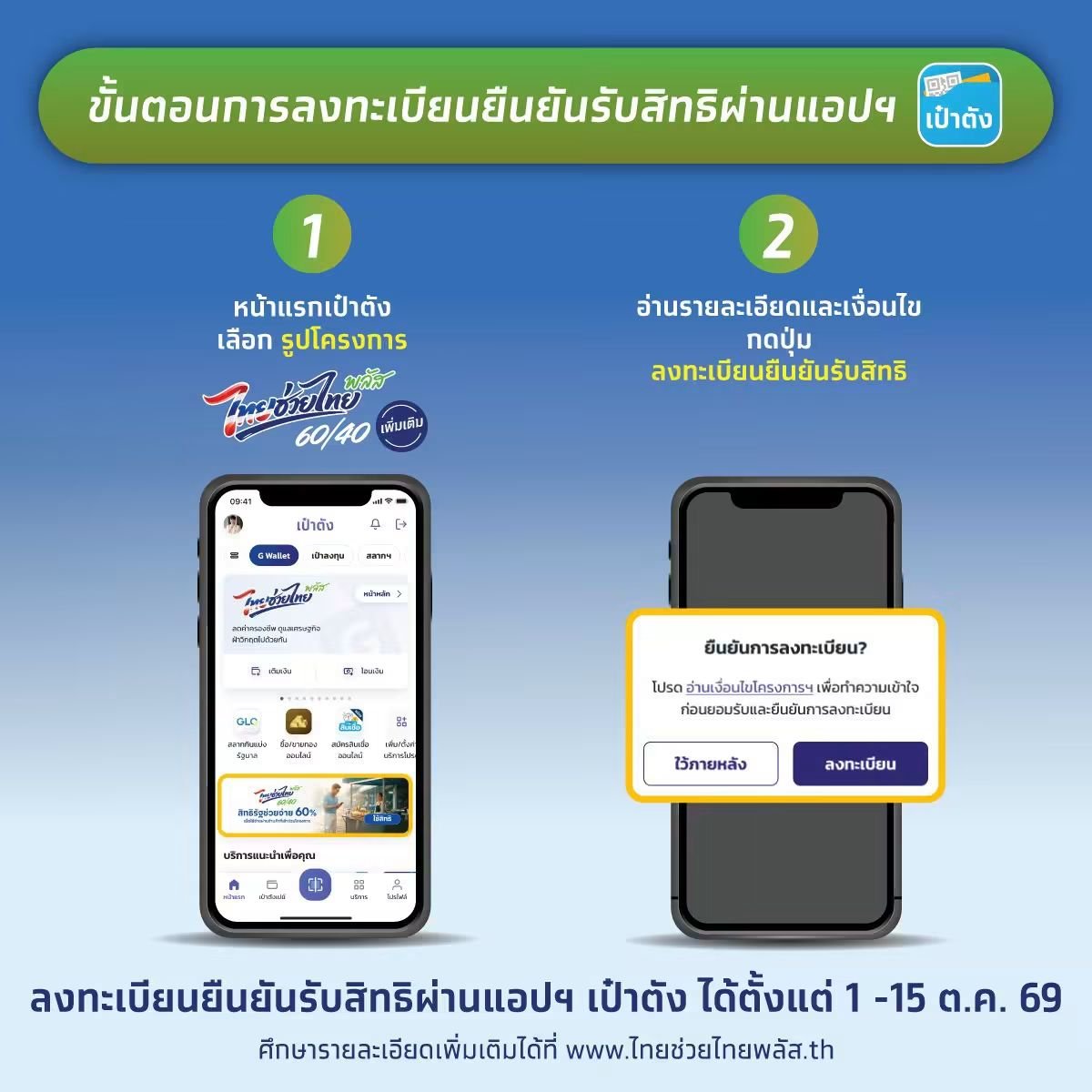 NNNani_tellpro's tweet photo. โครงการ "ไทยช่วยไทย พลัส" (60/40) (เพิ่มเติม) 
📱 อย่าลืม! กดยืนยันรับสิทธิ ผ่านแอปฯ เป๋าตัง ได้ตั้งแต่วันนี้ (1 ต.ค.) - 15 ต.ค. 69 

💸 จะได้วงเงินรัฐช่วยจ่าย 1,000 บาท ต่อ 2 เดือน (1 ต.ค. - 30 พ.ย. 69) 
💰 โดยใช้สิทธิได้สูงสุดไม่เกิน 200 บาท ต่อวัน ต่อคนนะคะ

เครดิตภาพ: ธนาคารกรุงไทย