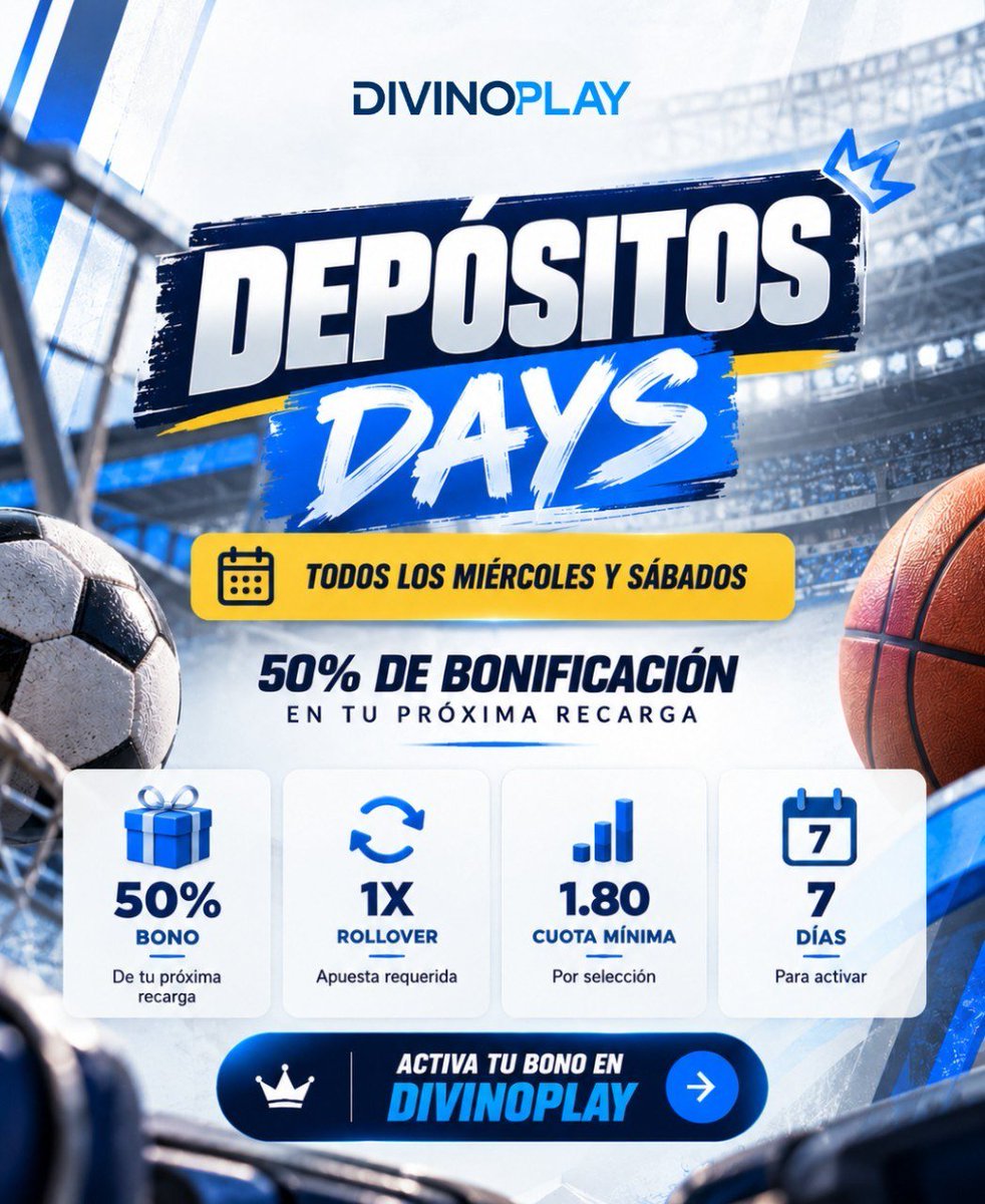 DUMONT81's tweet photo. 💙 ¡HOY TUS RECARGAS VALEN MÁS! 💙
Aprovecha los DEPÓSITOS DAYS en DivinoPlay:
✨ 50% de bonificación los miércoles y sábados.
📲 Usa el código DIV116692 y regístrate ya:
https://t.co/JOrTmeLyVC
#BonoDays #Bonificacion #DepositosDays #BonoDivino #hipismo #casinos #parley https://t.co/QTNNdxEW4C