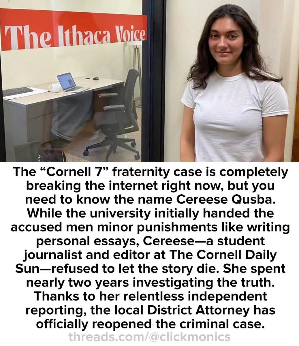 BiatchDulce's tweet photo. Remember this name: Cereese Qusba. 
Thank you, without her investigative journalism the #Cornell7 case wouldn’t have been reopened. 👏🏼 https://t.co/YqRyYn9tL0