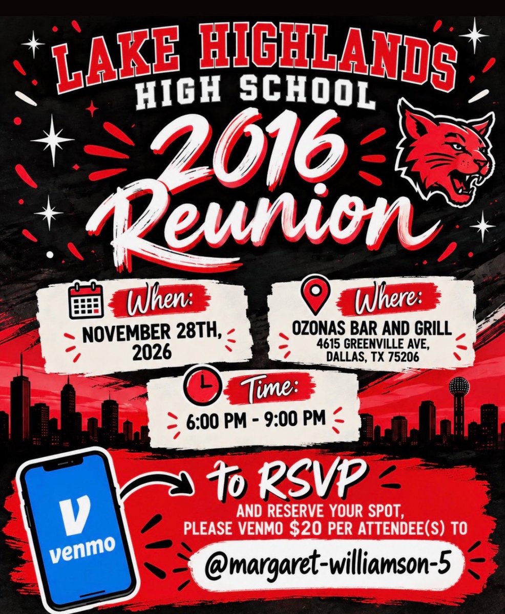 __MissyCampbell's tweet photo. The Lake Highlands Class of 2016 ten-year reunion is all set and ready to roll! If you happen to know anyone from this class, please spread the word! @LakeHighlandsHS https://t.co/dYjxXiAQUu