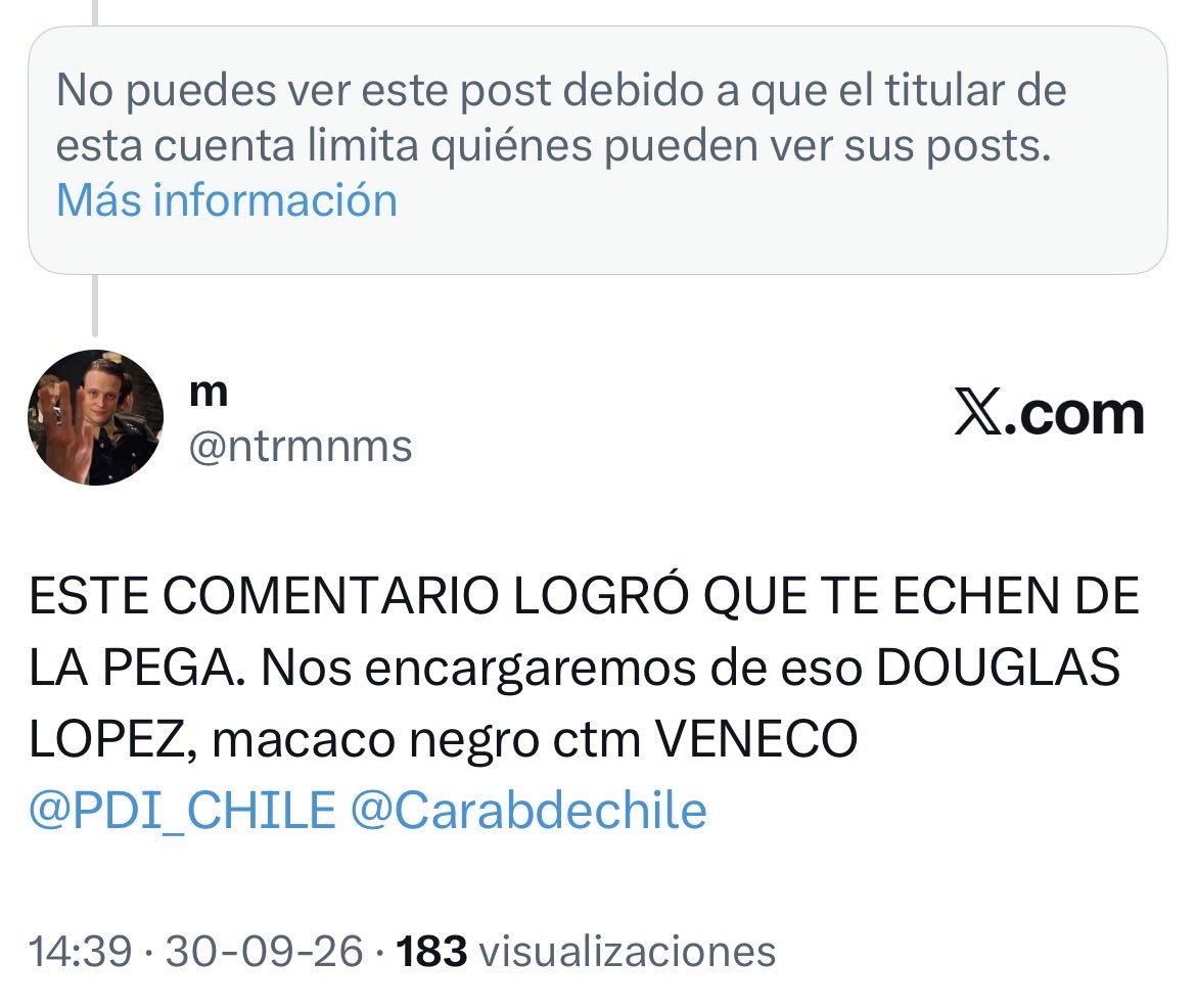 ntrmnms's tweet photo. @DouglasElopezG @enterown @PDI_CHILE @Carabdechile JAJAJAJAJAJA COMO ESTA DE ASUSTADO EL NEGRO HIJO DE PUTA https://t.co/YfvXMT1Oyk
