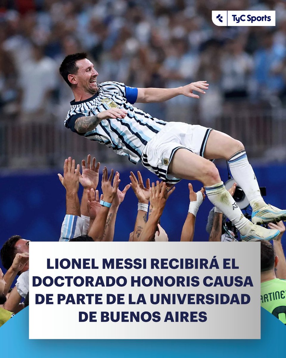 TyCSports's tweet photo. 🇦🇷 🐐 Lionel Messi recibirá el Doctorado Honoris Causa por parte de la Universidad de Buenos Aires, el cual le será entregado este próximo martes 6 de octubre en vísperas a lo que será su último partido con la Selección Argentina.

📜 🥇 El Consejo Superior de la UBA impulsó y aprobó por unanimidad la moción, basándose en “su trayectoria que constituye un ejemplo de excelencia, perseverancia, humildad y ejercicio ético en el desarrollo de su actividad, así como de compromiso con la representación nacional de la República Argentina, valores que esta Universidad promueve históricamente”.

📝 Esta distinción es el máximo título honorífico que otorga la prestigiosa entidad educativa y la primera vez que reconoce a una deportista.