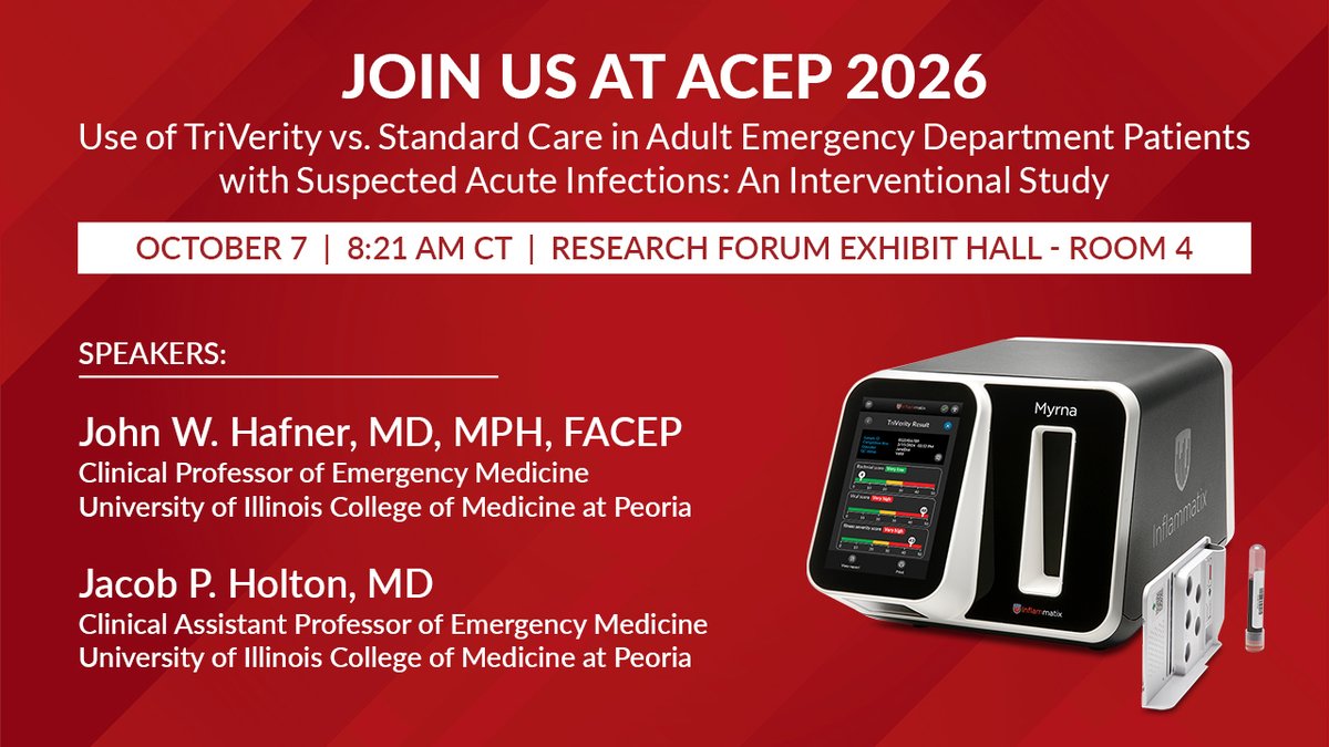 Inflammatix_Inc's tweet photo. We're heading to #ACEP26 in Chicago! Visit booth #2723, Oct 5-8, to see how #TriVerity helps ED clinicians win the first decision.

And watch a presentation on new findings on TriVerity in adult ED patients w/ suspected acute infection — Oct 7, 8:21am. https://t.co/HOfEISc8bR