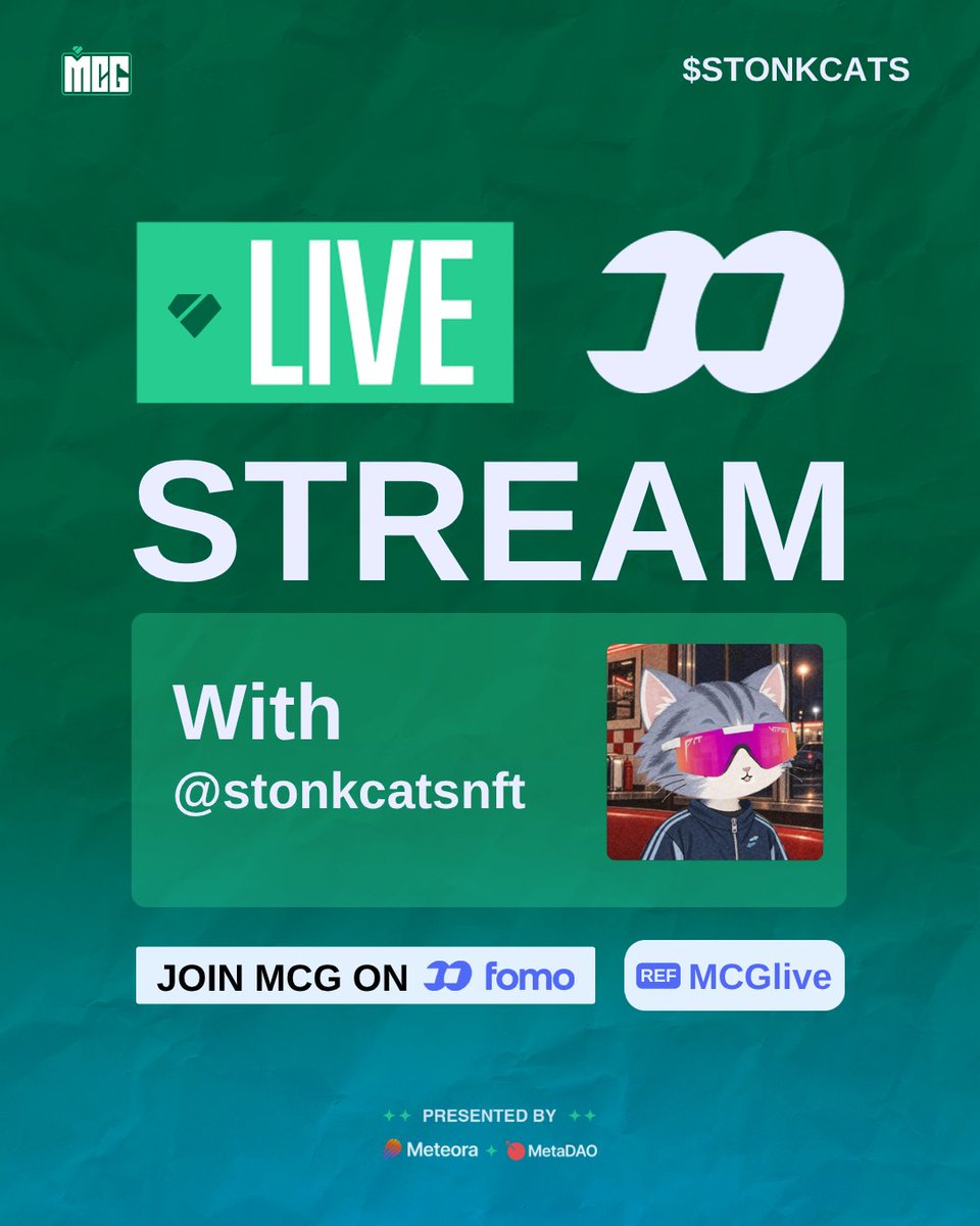 MCGlive's tweet photo. Tomorrow on MCG

$STONKCATS | @stonkcatsnft (@LaunchOnSF Eco) w/@lech77eth

📅Thursday, 1st October
🕛1:00PM EST
📍Tune in here

Stream powered by @fomo and @MetaDAOProject https://t.co/aKnmMc7mL3
