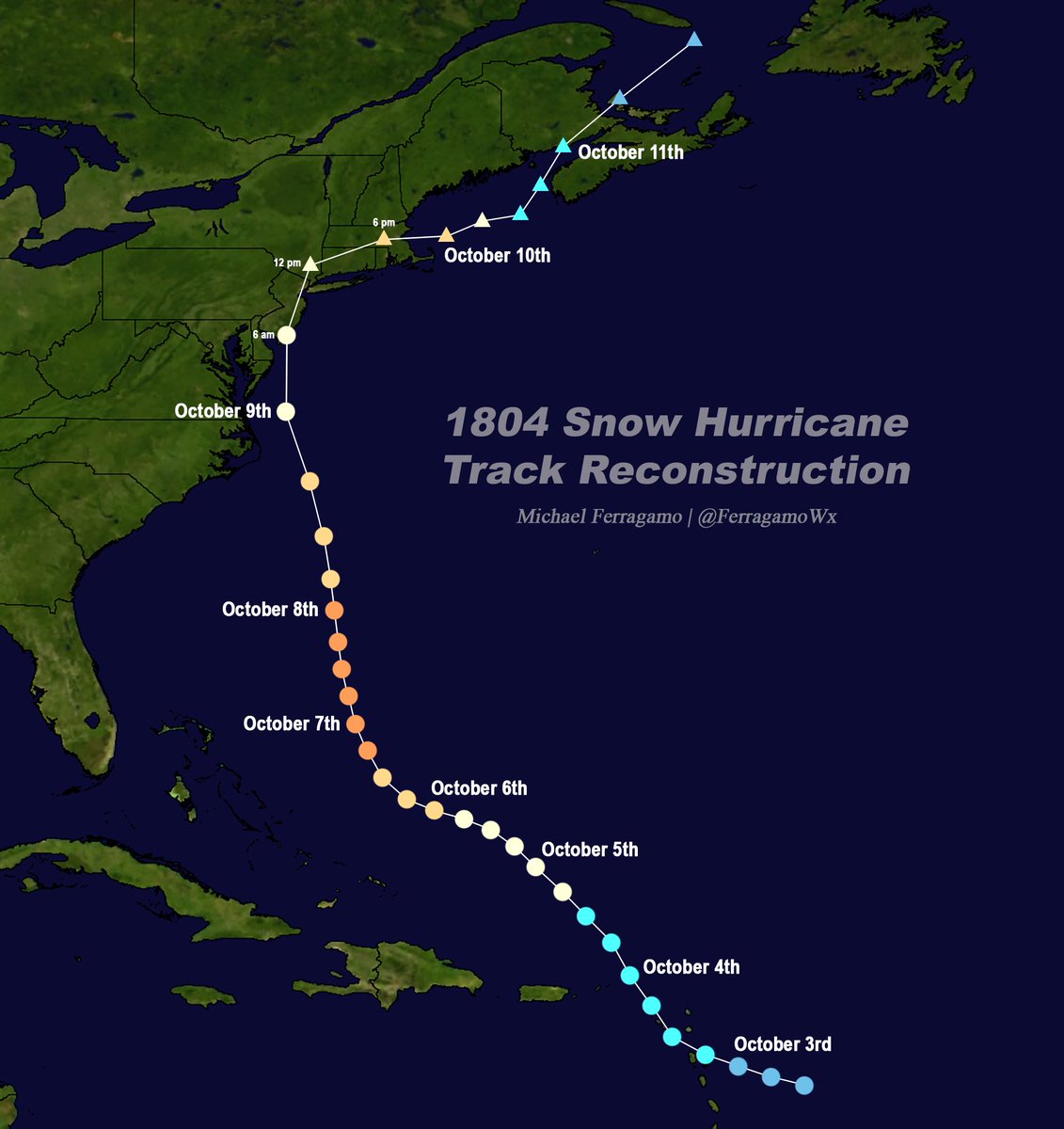 FerragamoWx's tweet photo. I was able to uncover more information about the 1804 Snow Hurricane, and have adjusted its track.

There's good evidence for a trough present across the Eastern U.S. on October 9th, which guided the storm north - likely making landfall in New Jersey as a hurricane. The storm's precipitation shield pushed far into the interior, where unseasonably cold air turned it to heavy snow across the CT/MA hills, VT, and NH.

NYC recorded 977 mb through the early afternoon as the storm passed overhead/nearby. It likely became extratropical soonafter as the trough pushed it eastward across New England. It's over the Boston area where baroclinic forces strengthened the storm to 110 mph (estimated based on damage).

People at the time, especially in the Boston-Salem corridor, never saw a storm this strong. Trees laid downed for years. The 1804 hurricane would become forgotten in New England history, as just 11 years later, the 1815 hurricane would devastate the region.

Many more details on this incredibly unique hurricane coming soon in my new documentary.